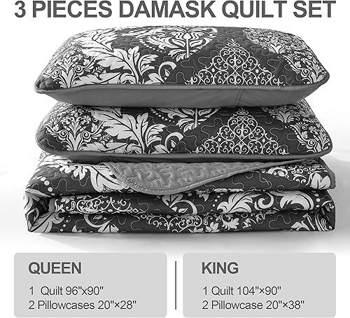 Miniatura 6 de Juego de edredón gris tamaño Queen, juego de colcha de damasco bohemio, juego de ropa de cama de lujo de microfibra suave y ligera, juego de 3