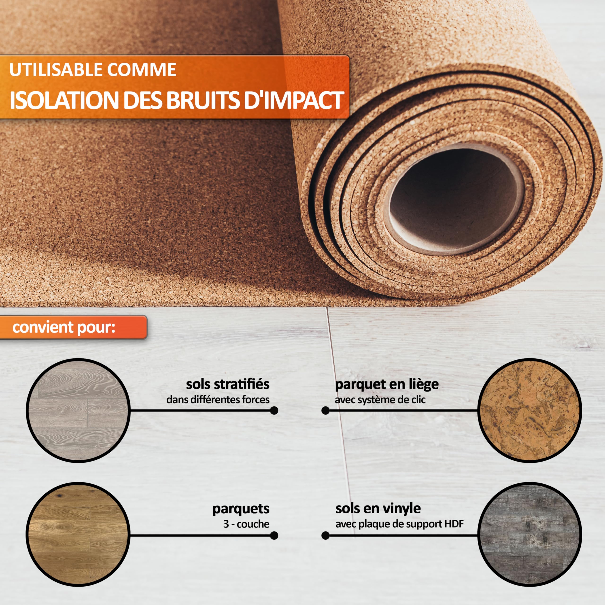 10 m² | Isolation phonique TRECOR Rouleau en liège – Épaisseur 10 mm – Isolation acoustique naturelle et écologique pour sols stratifiés et parquets – 10 m²