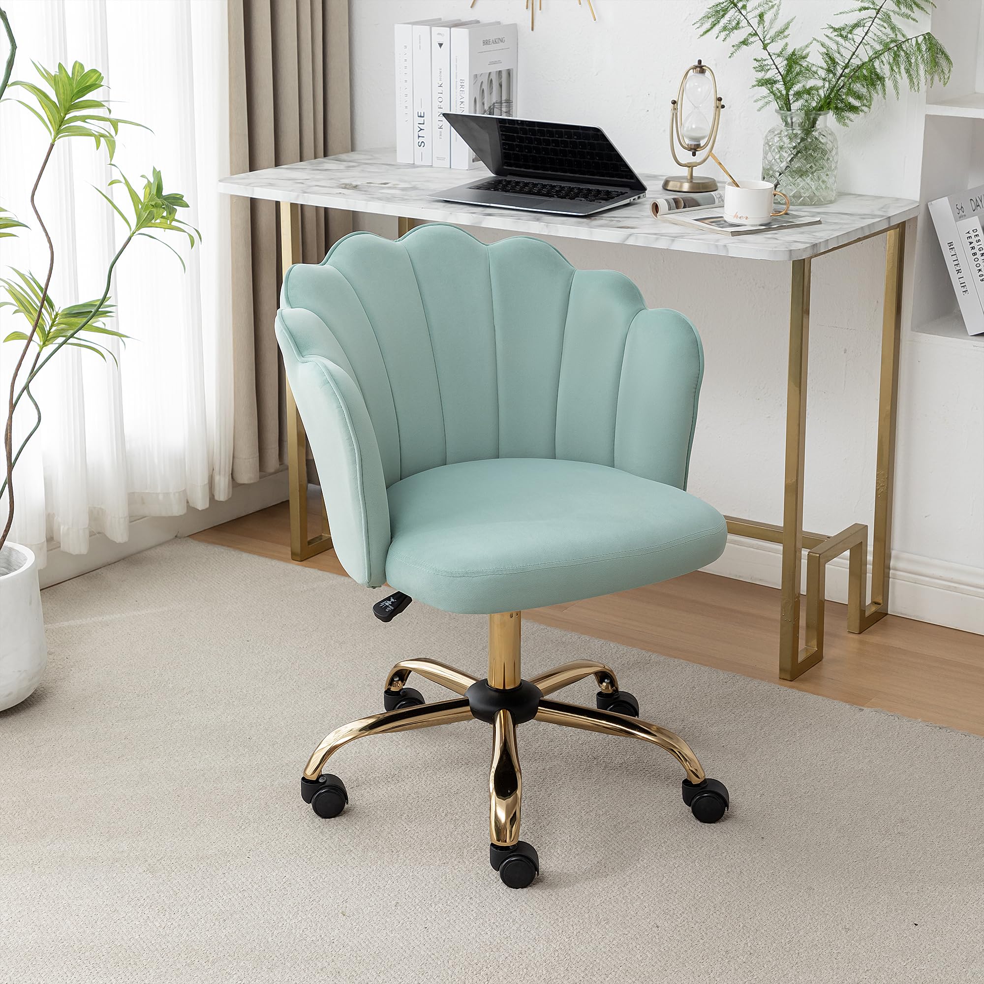 DRKAT Swivel Office Chair, Modern Home Office Desk Chair, Velvet Shell Back Vanity Chair with Golden Metal Base, Height Adjustable Upholstered Cute