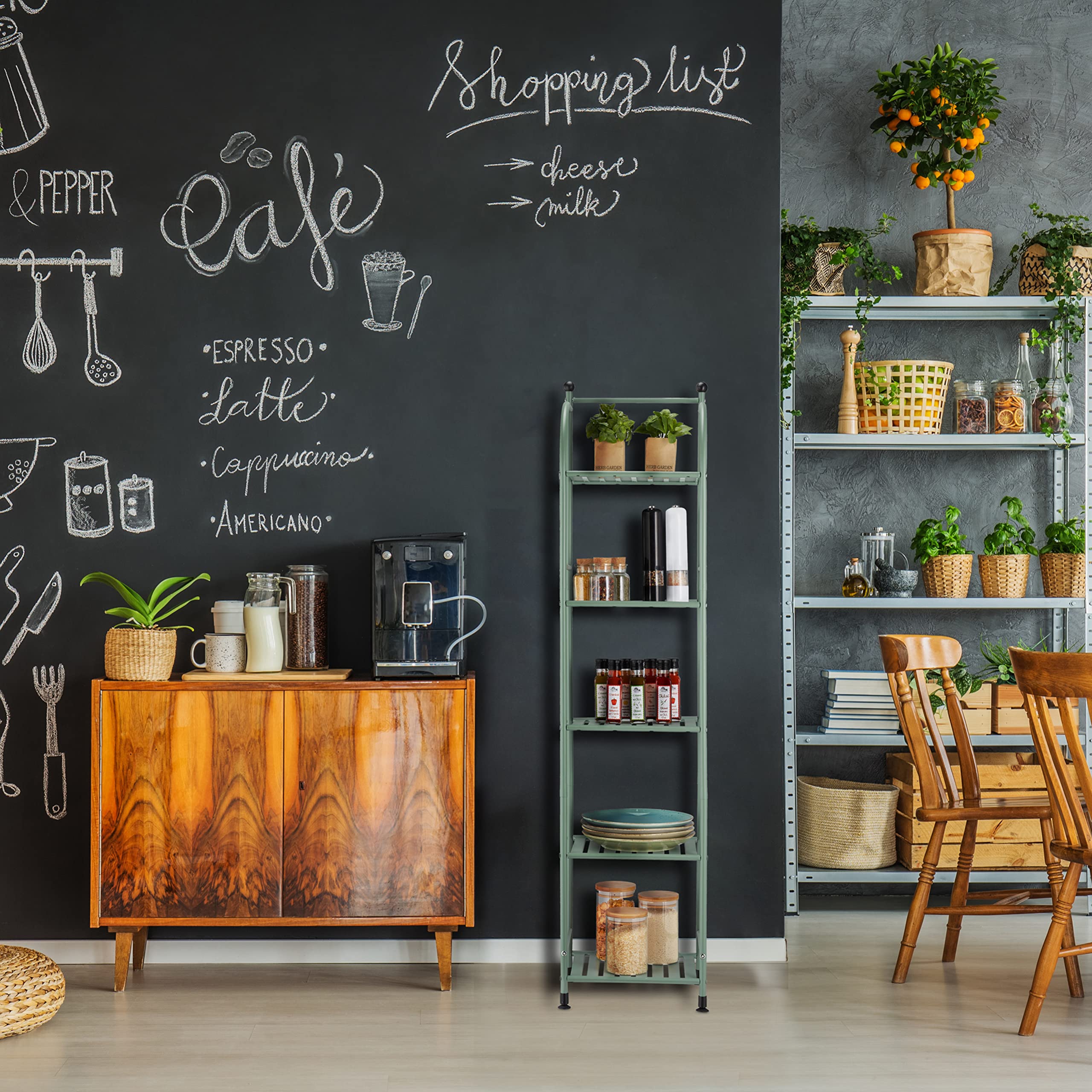 Relaxdays Scaffale in Metallo, HxLxP: 145 x 33 x 28 cm, Mobiletto Cucina e Bagno, 5 Ripiani, Mensole Multiuso, Verde