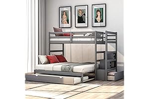Twin Over King/Twin Size Bunk Bed with Trundle and Stair