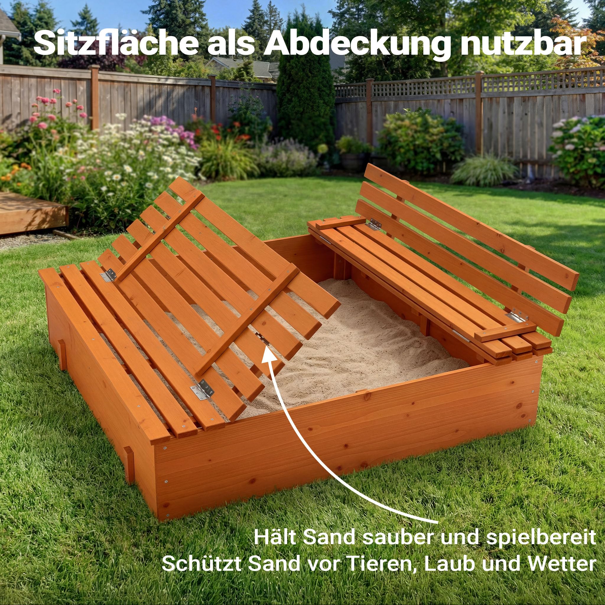 Sandkasten mit Deckel 2 Sitzbänke 98 x 98 x 21 cm, Sandkiste aus Holz mit klappbaren Bänken, Sandkasten mit Abdeckung, Sandbox mit Vliesboden
