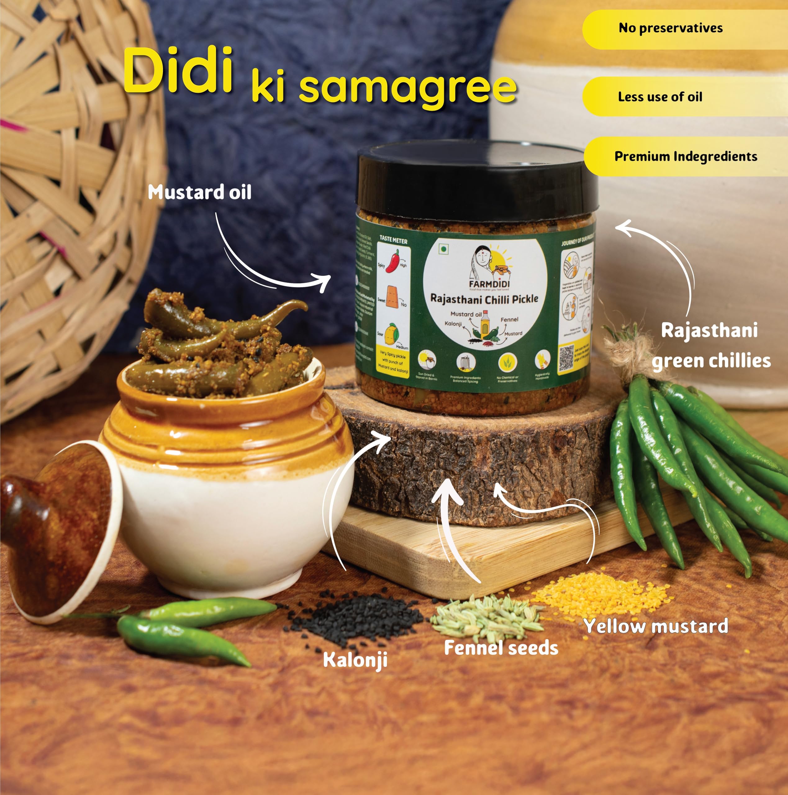 Farm Didi Rajasthani Green Chilli Pickle 325G In Fresh| Marwadi Hari Mirch ka Achar | Spicy Homemade Achaar With Mustard Oil | Theeka Ghar Ka Pickle | No Garlic | No Chemical Preservatives - Image 2 thumbnail