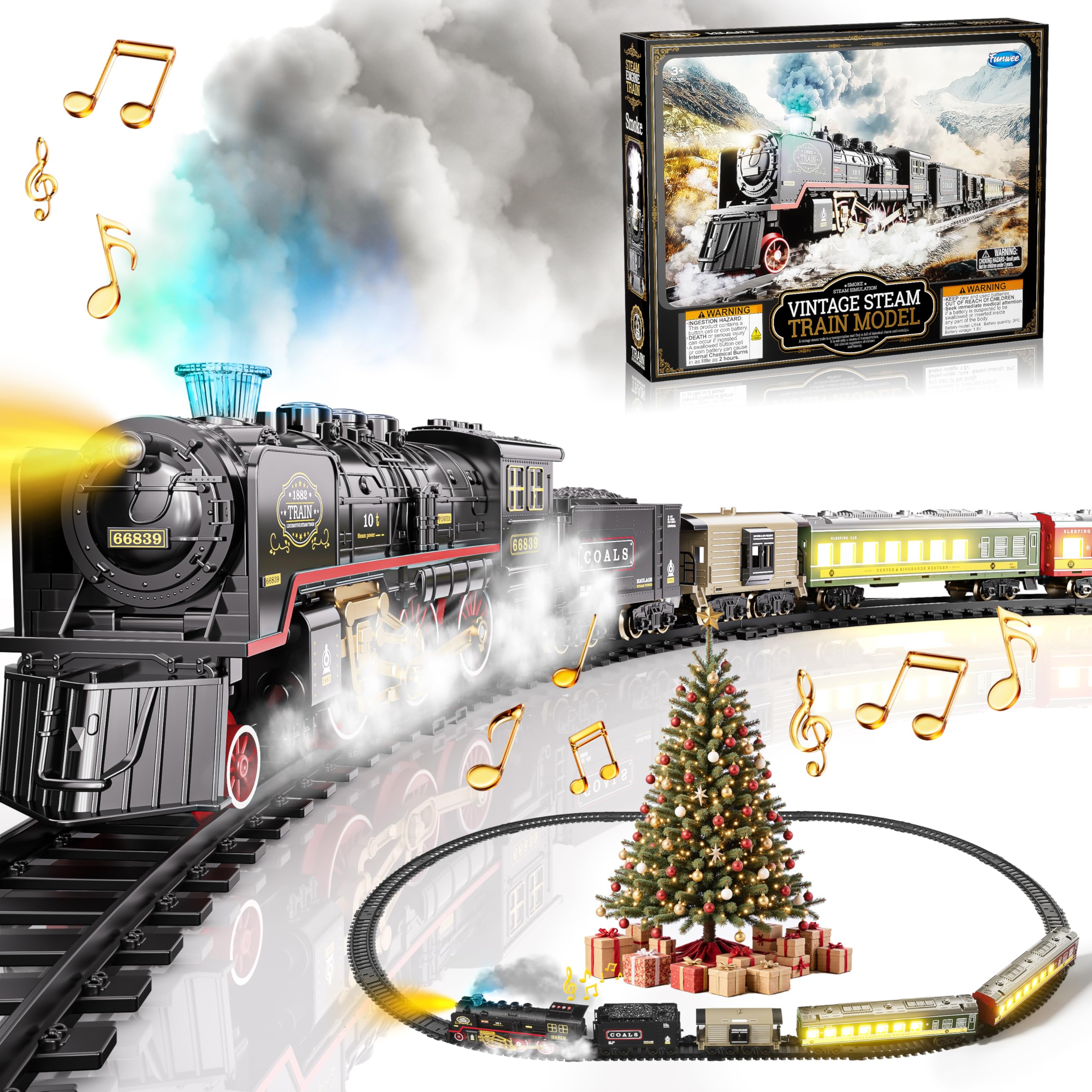 Funwee Steam Train Set with Glowing Passenger Carriages for Toddler