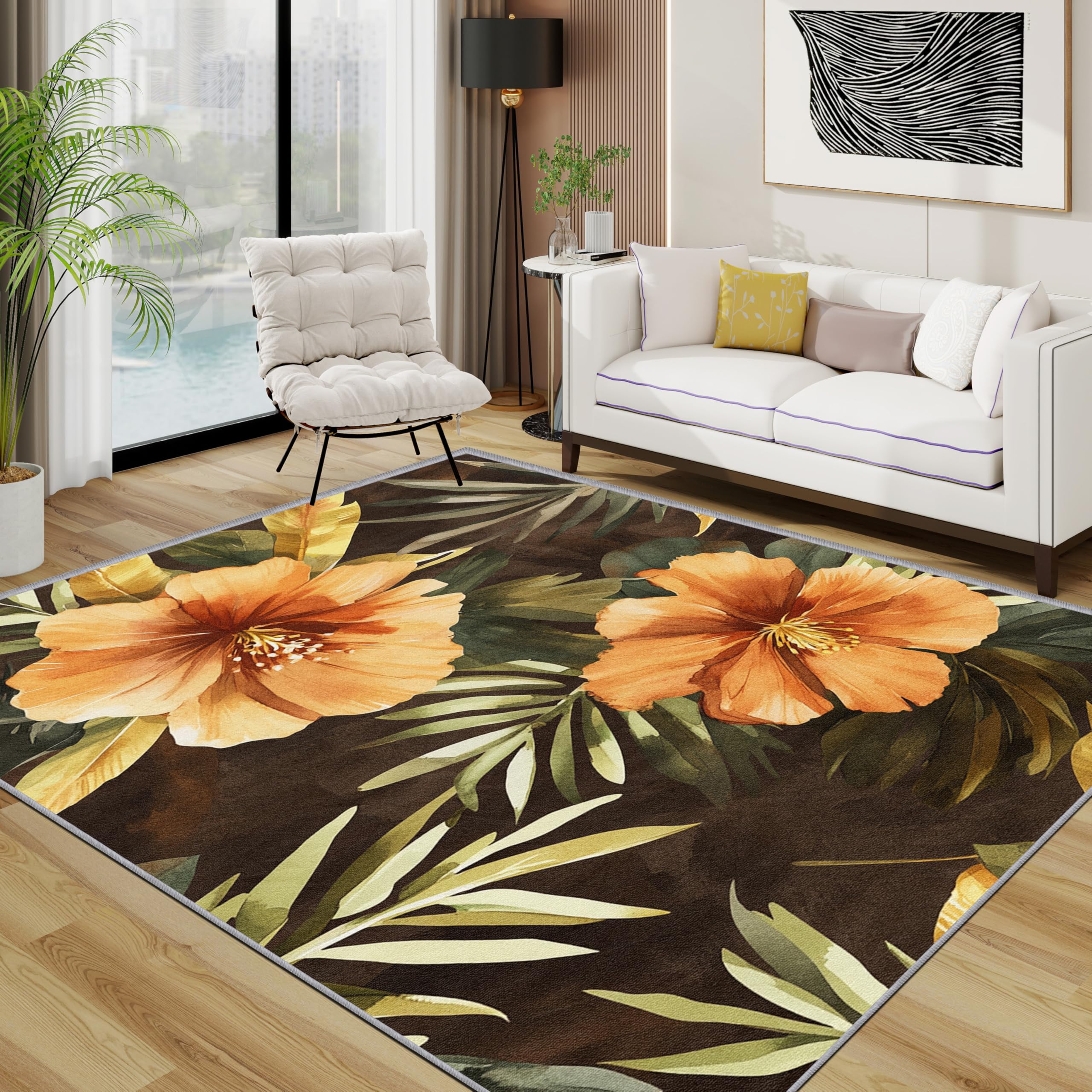 TerroVee Floral Area Rugs for Living Room 120x120 - Tropical Flower Jungle Plant Rug for Bedroom, Botanical Bloom Non Slip Washable Short Pile Carpet, Floral Room Decor