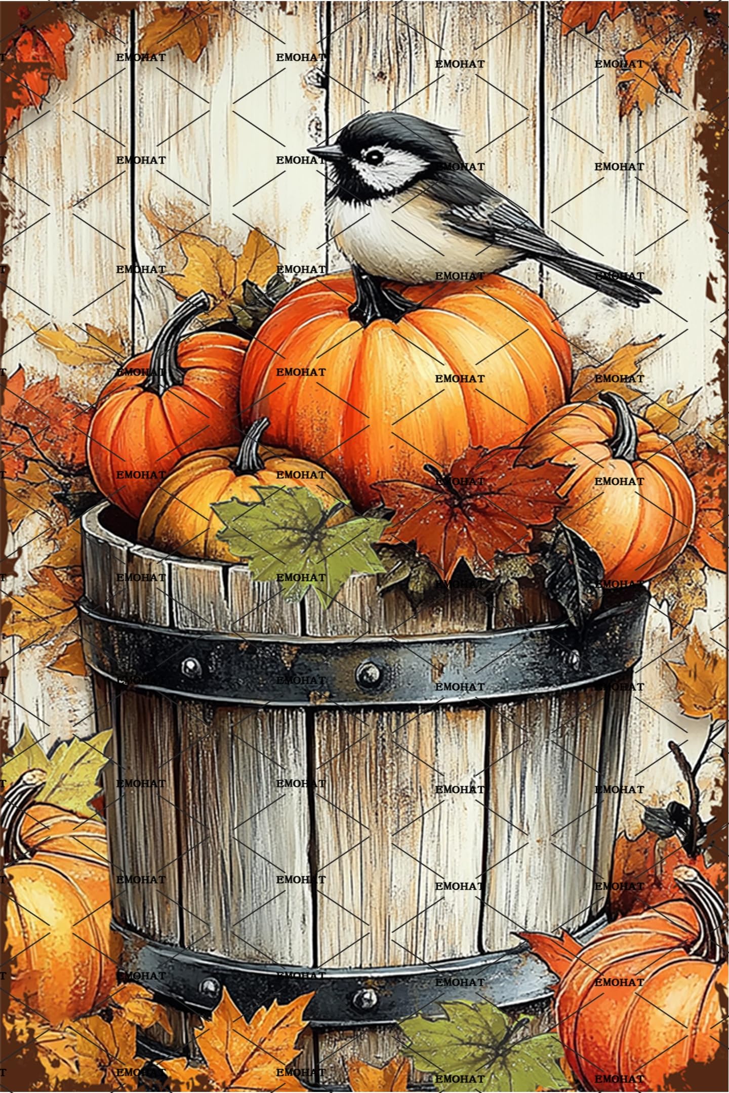 Fall Pumpkin Chickadee Metal Tin Sign 8x12 Inch - Vintage Autumn Wall Art with Rustic Bird Design - Thanksgiving Farmhouse Decor for Porch, Living Room & Seasonal Home Sign
