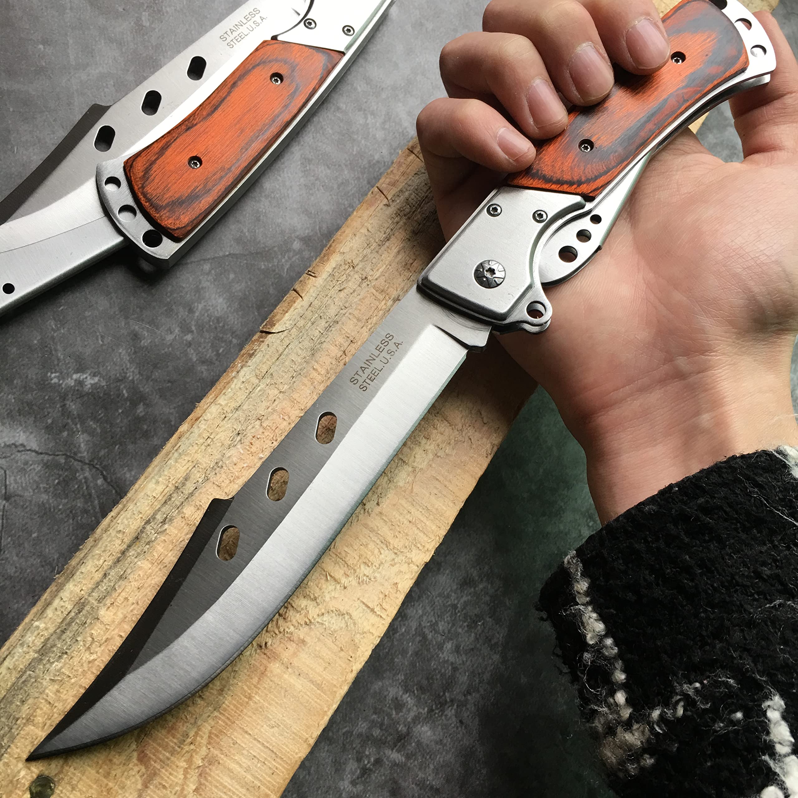 HOLYEDGE 10.5" Folding Tactical Knife with Rosewood Handle Best EDC