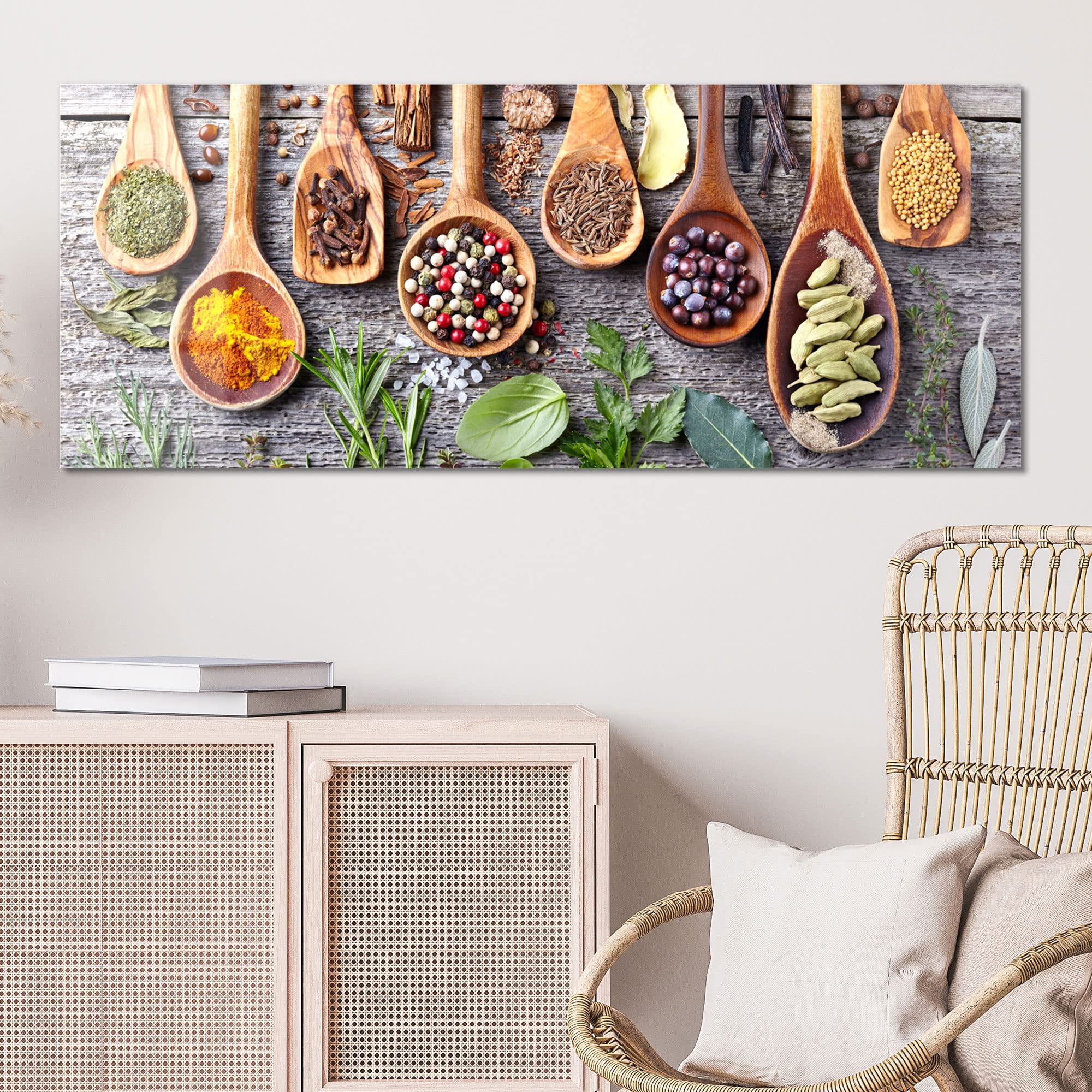 DEQORI Obraz na szkle z prawdziwego szkła | motyw zdobione łyżki kuchenne | poziomo jednoczęściowa 125 x 50 cm | piękna dekoracja | obraz ścienny do salonu, sypialni, korytarza i kuchni | nowoczesna dekoracja ścienna