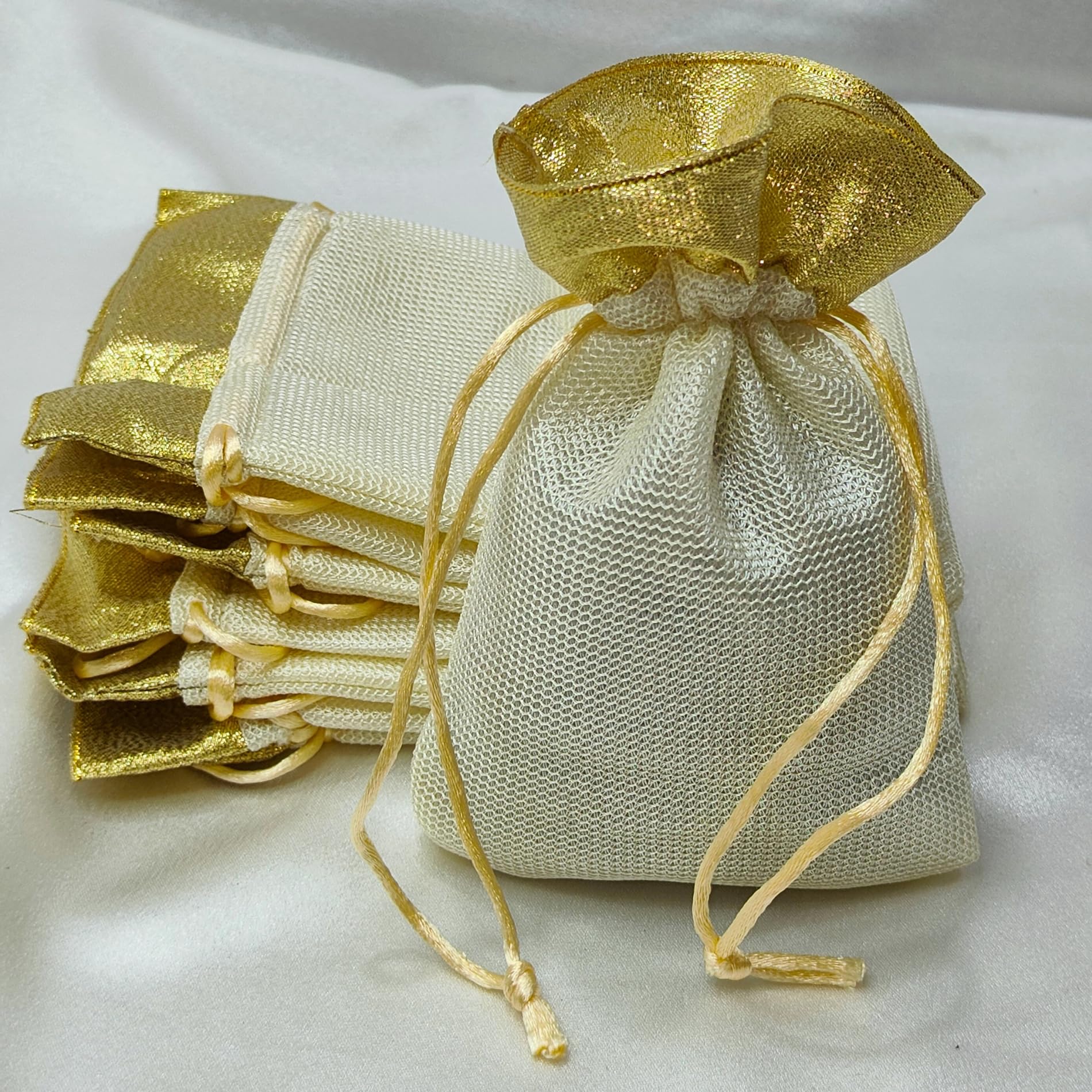 Lushure 50 Piece Foam Small Potli Bags with Gold Lace and Drawstring for Return Gift | Gift Hamper | Wedding Gift - Size-15(L) X10(W) Cm, Golden Lace (50)-image-46