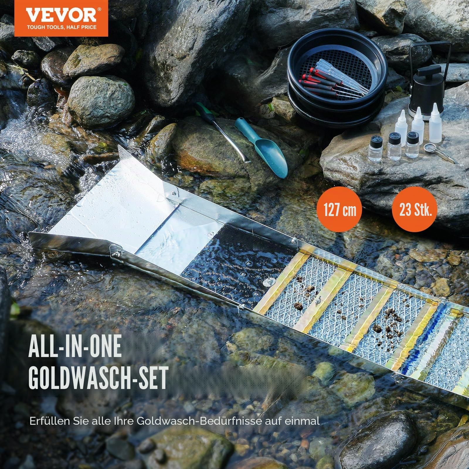 VEVOR Goldwaschpfanne Goldwannenbecken Set 22,86 x 127 cm Aluminium Goldpfanne für Goldwaschen Goldwannenbecken für Nugget Bergbau Wanne Gold Pan Sand Gold Bergbau Manuelle Goldwaschanlage Ausgräbt