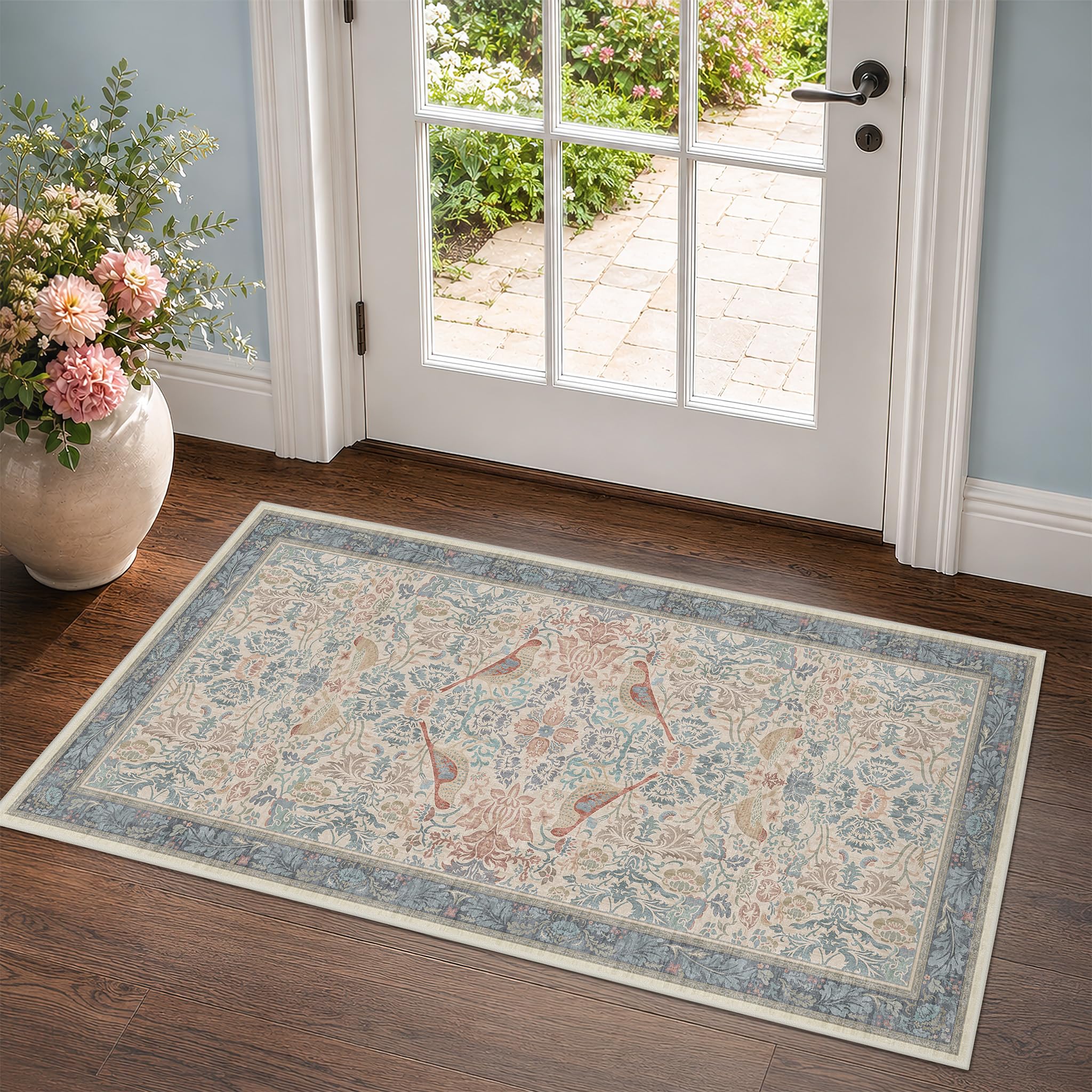 Vintage Boho 2x4 Area Rug for Entryway in Blush Red and Slate Blue