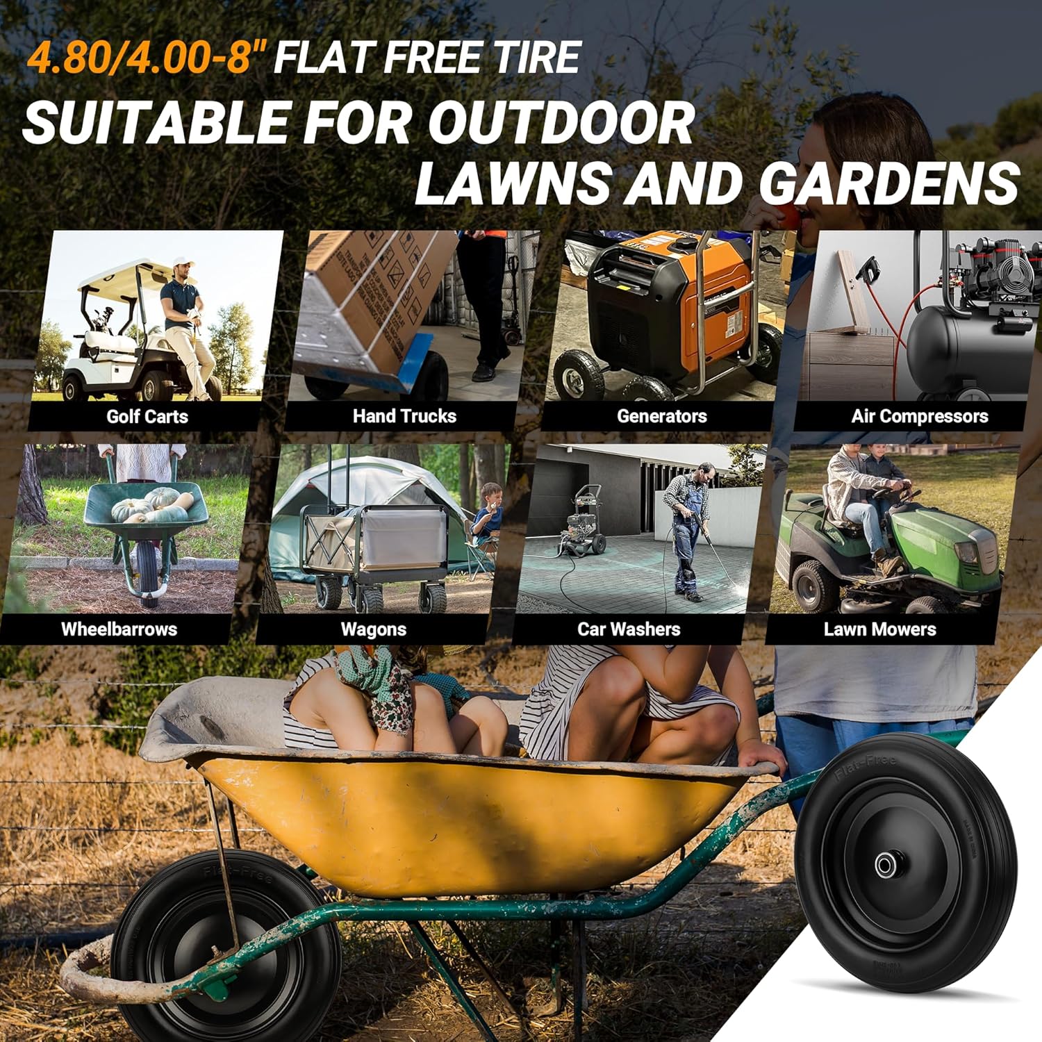 4.80/4.00-8 Flat Free Wheelbarrow Tire with 5/8 & 3/4 Bearing 3" -7" Centered Hub for Garden Cart Ribbed Tread Foamed Polyurethane Tire by NISHCON - 2 Pack