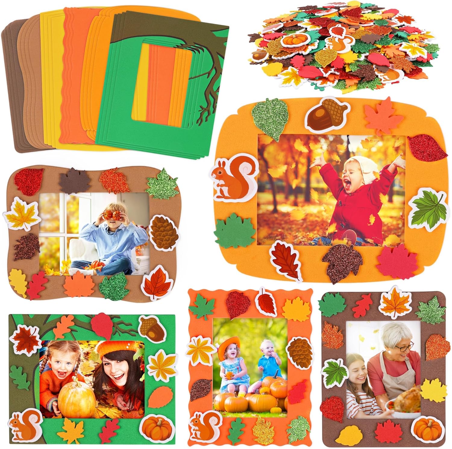 Fovths 24 Packs Fall Foam Picture Frame Kits Thanksgiving DIY Frame Crafts Fall Leaf Picture Craft Autumn Theme Picture Frames with 300 Leaf Stickers for Thanksgiving Party Favors Birthday