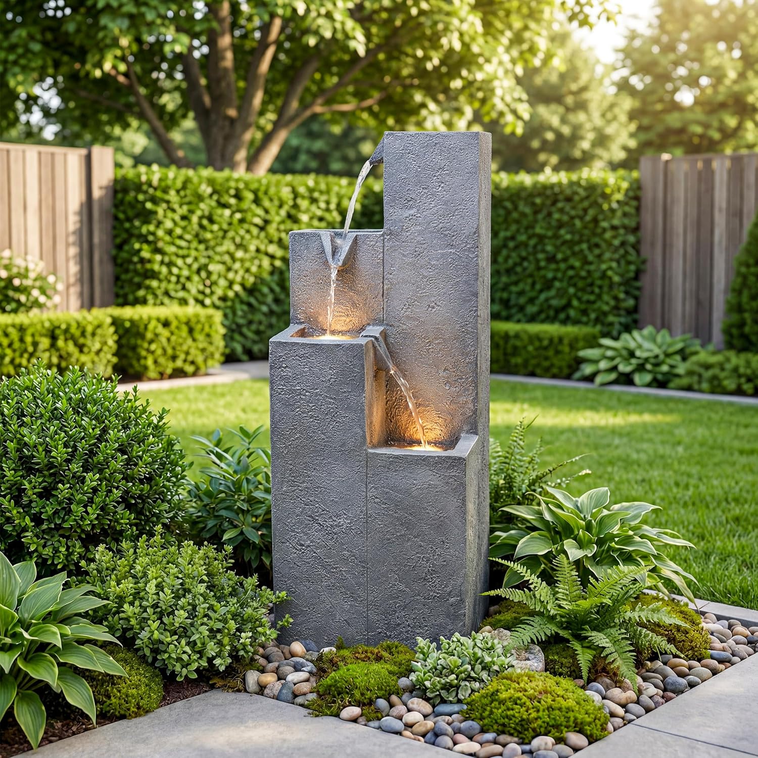33-Inch Modern Outdoor Water Fountain, 4-Tier Resin Garden Waterfall Fountain, with Soothing Water Sound & Warm LED Light, Home Decor for Patio, Yard, Porch, Deck, Lawn or Balcony in Gray