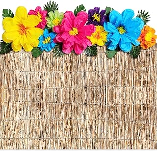 Canlierr 22 Pcs Hawaiian Beach Reed Backdrop with Hawaii Paper Flowers Decorations Set 71 x 43 Inch Hawaiian Reed Backdrop 3D Hibiscus Paper Flower Palm Leaves for Aloha Luau Party Decorations