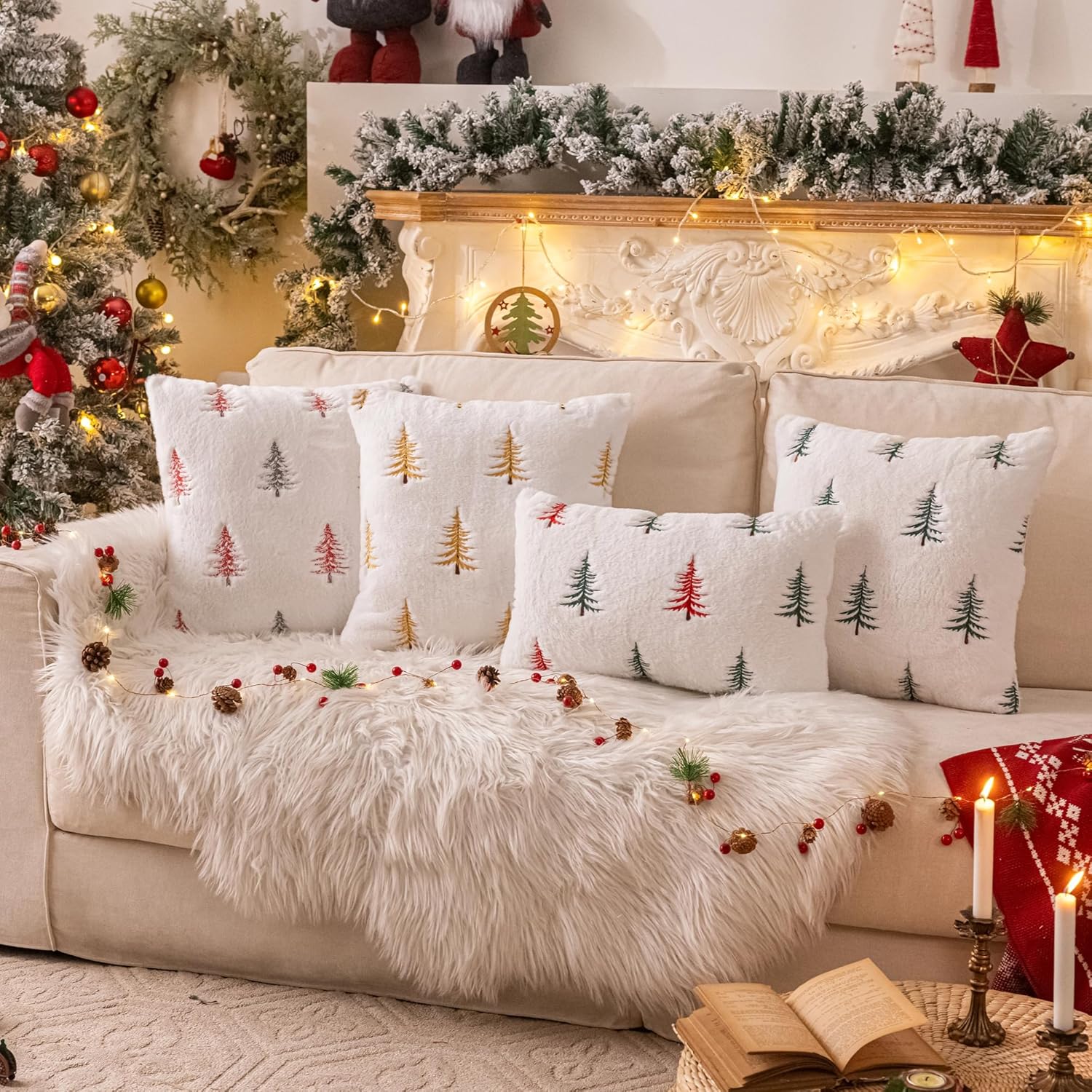 AQOTHES Christmas Tree Green Red Throw Pillow Covers 18x18, Soft Faux Fur Embroidered Throw Pillows for Couch Sofa Cushion Covers Holiday Home Decor
