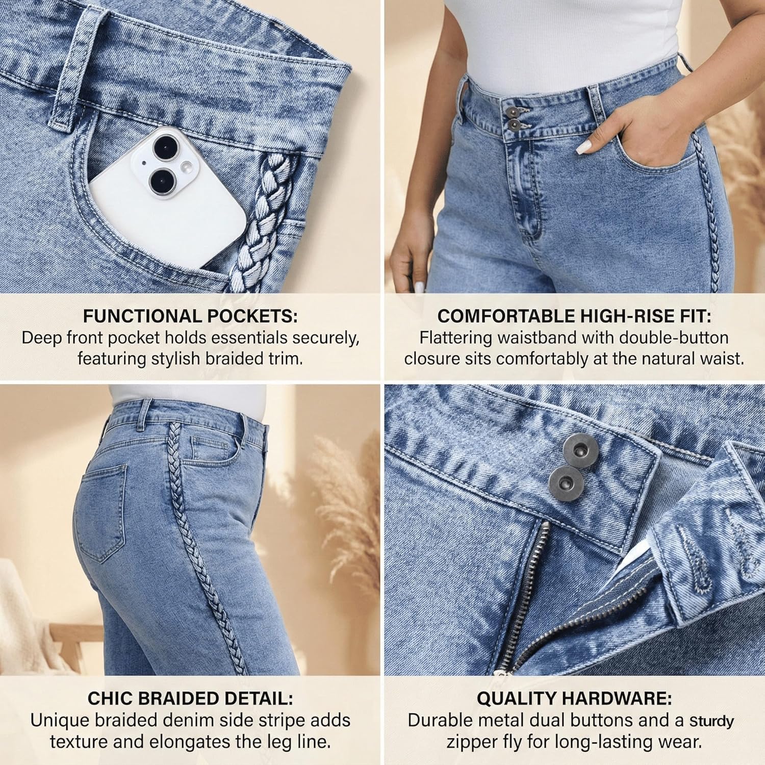 Women's Plus Size Wide Leg Capri Jeans with Braided Side Stripe, High Waisted Stretchy Baggy Boyfriend Curvy Jeans