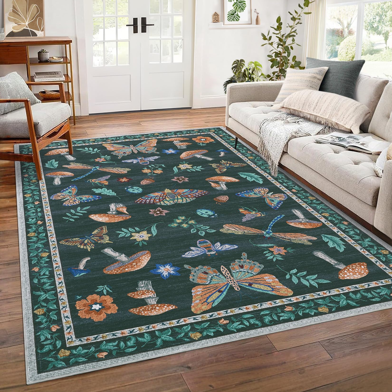 Washable Rug 5x7 Area Rugs for Living Room, Mushroom Insect Rug for Bedroom, 5x7 Rug Non Slip Throw Rugs with Rubber Back, Low Pile Stain Resistant Modern Carpet for Dining Room Dorm,Black
