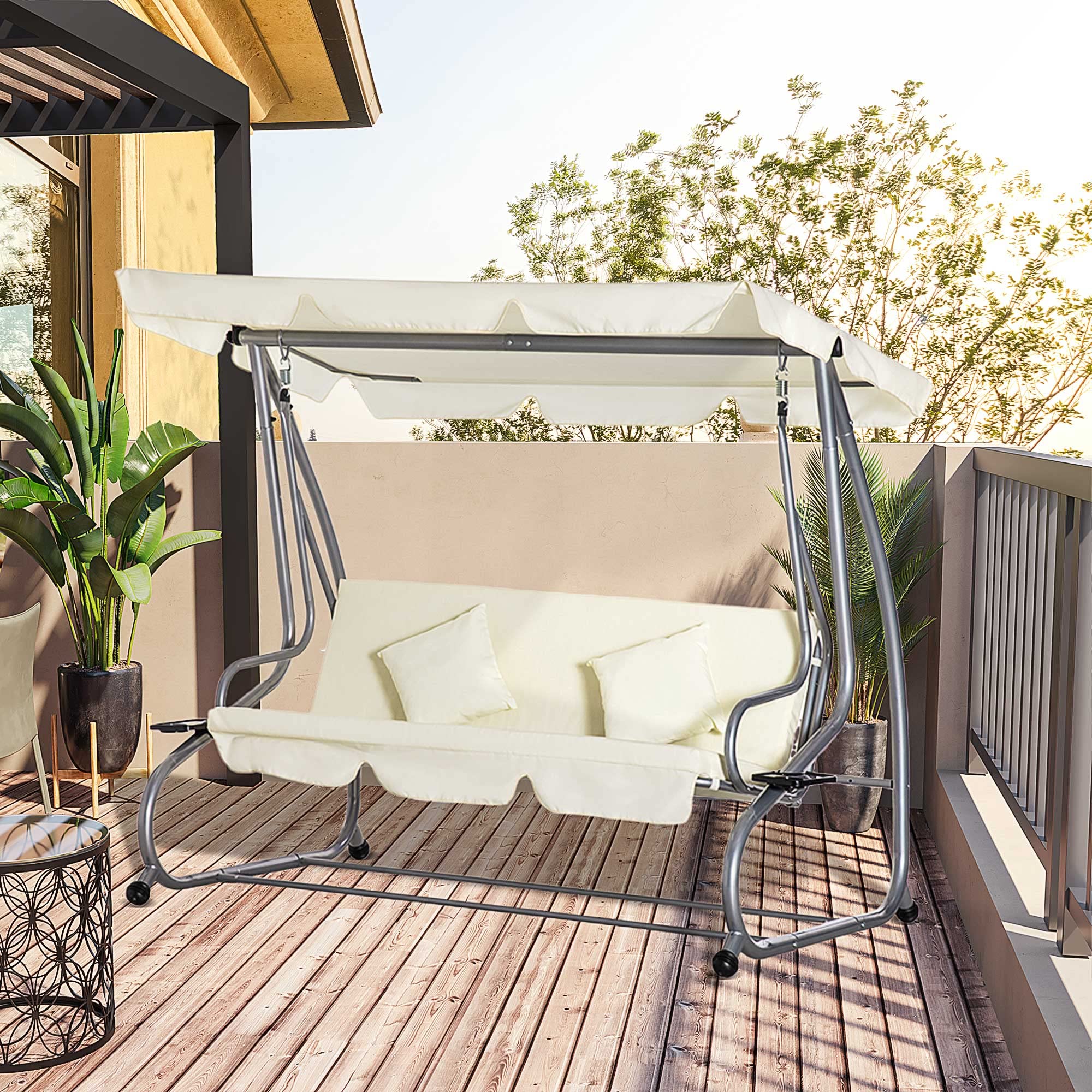 Outsunny Balancelle de Jardin 3 Places Convertible Toit Inclinaison réglable Acier Noir Polyester Beige
