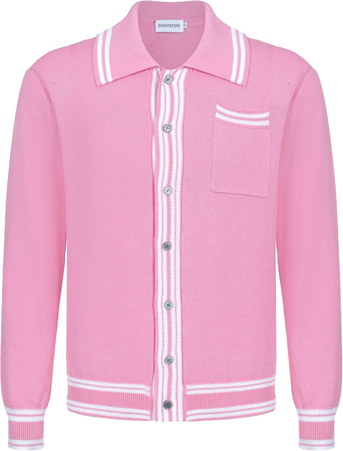 OXKNIT Men's Casual 1960s Mod Style Retro Pink Sweater Knitted Long Sleeve Cotton Vintage Cardigan with Pocket