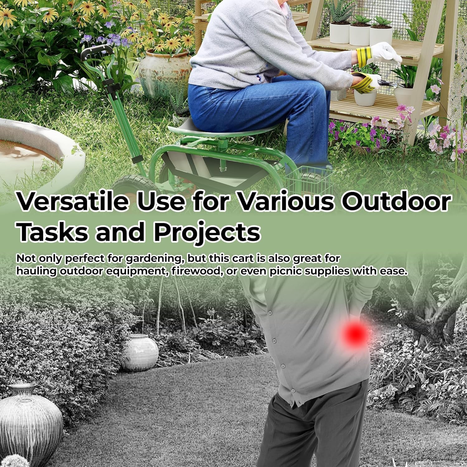 Garden Scooter Rolling Work Seat – 360° Swivel Garden Cart with Wheels, Tool Tray & Steering Handle – Heavy Duty Outdoor Stool for Planting, Weeding & Yard Work