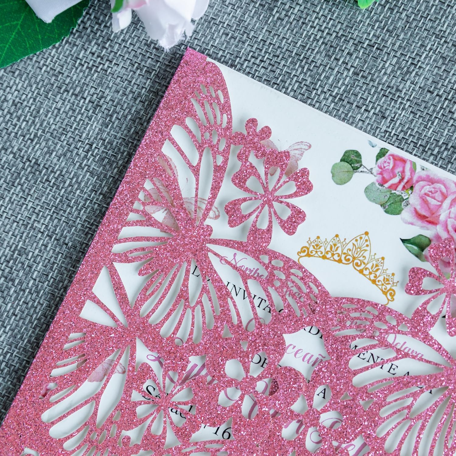 20 PCS 5.12x7.2 Butterfly Pink Glitter Personalized Quinceanera Invitation, Customized XV Anos Laser Cut Invitation Cards with Envelopes (Pink Glitter Personalized)