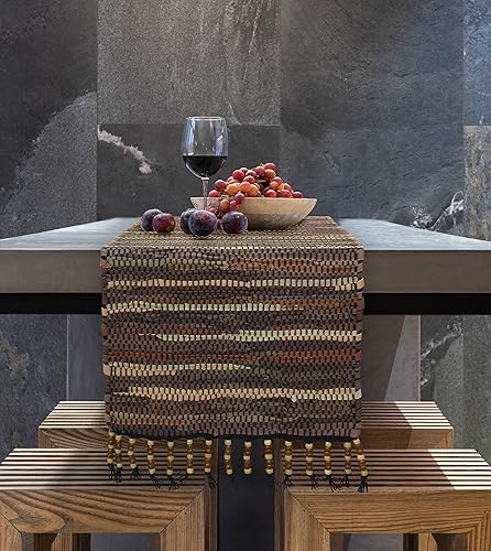 COTTON CRAFT Camino de mesa Chindi de cuero, estilo bohemio, rústico, XL, con cuentas de flecos, de cuero, tejido a mano, mesa de comedor, mesa de