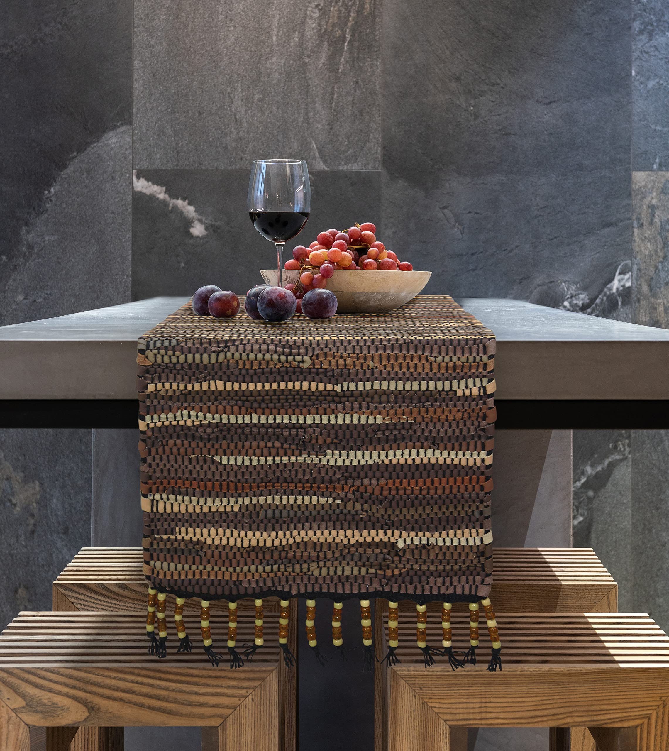 COTTON CRAFT Leather Chindi Table Runner - Boho Farmhouse Rustic