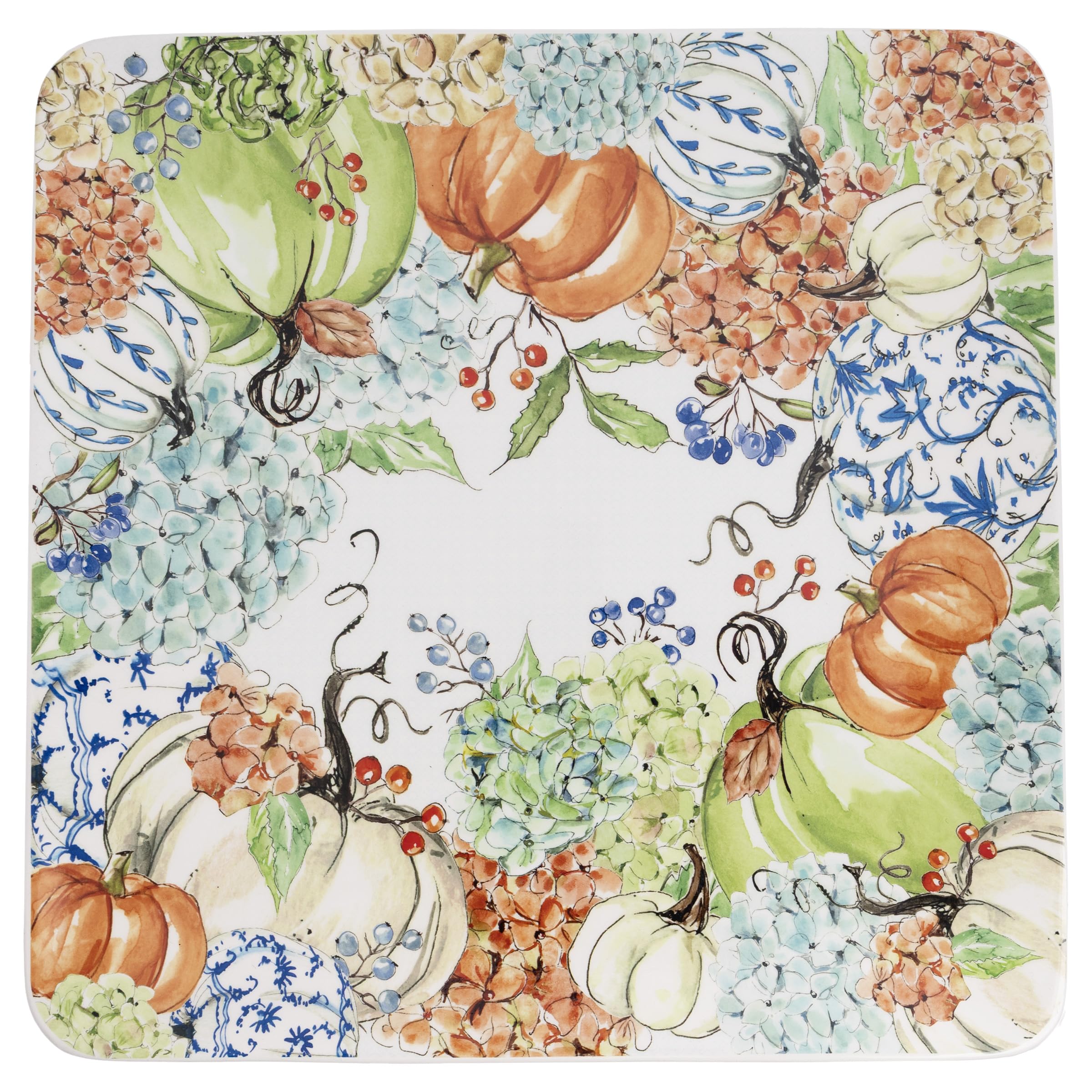Boston International Square Ceramic Platter Fall Thanksgiving Serving Dish, 12" x 12", Fall Hydrangea