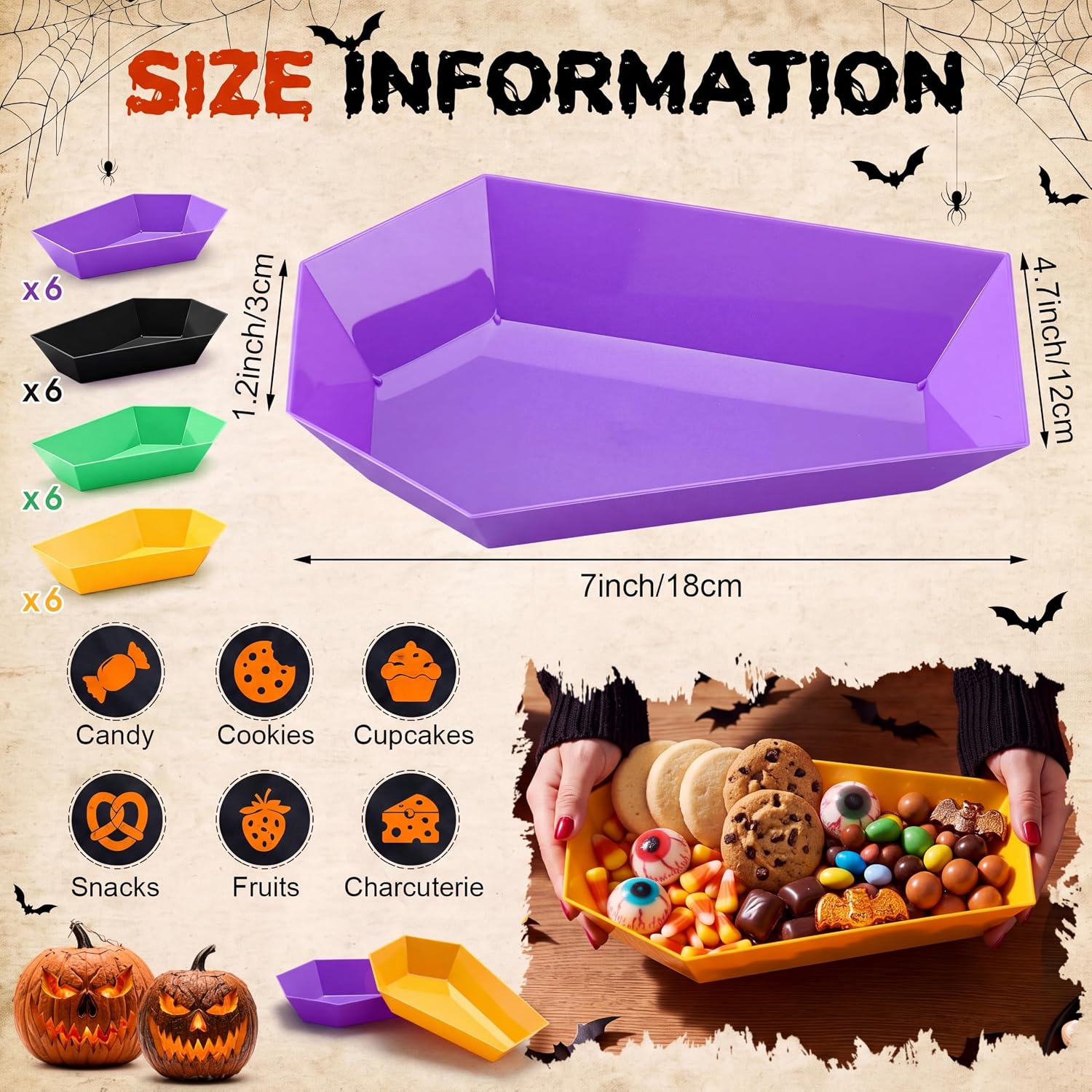 Honeydak 24 Pcs Halloween Candy Bowl, Plastic Coffin Shaped Serving Trays image 2