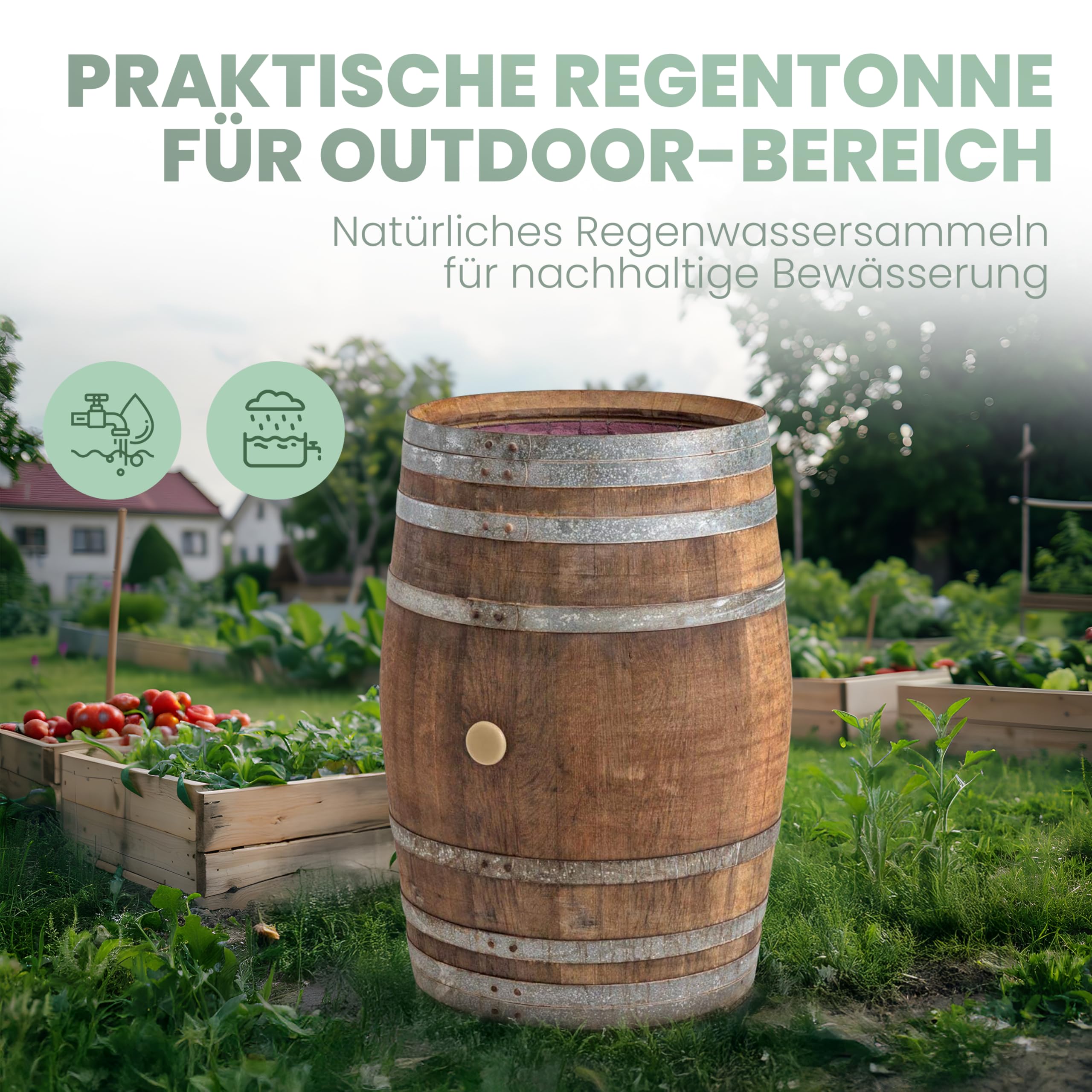 Temesso Regentonne mit Deckel, Regenfass Holzfass, Weinfass, Tonne, Eiche 225 Liter Wasserfass - original Fass (Deckel Edelstahlgriff)