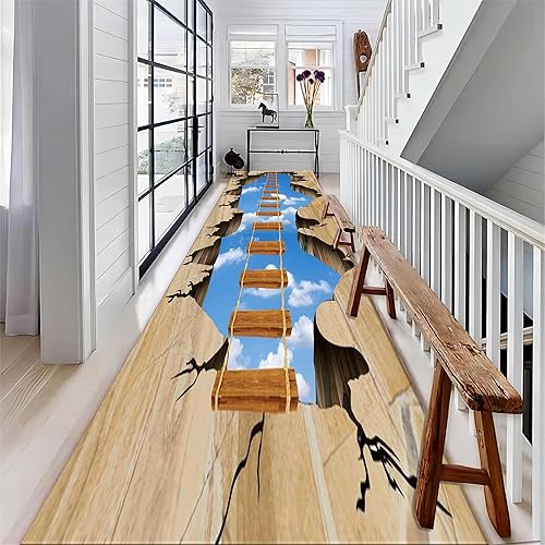 Miniatura 1 de Alfombra de pasillo de puente 3D, 4 x 12 pies, divertida alfombra de pasillo con ilusión óptica de cielo sobre puente y acantilado, gran área,
