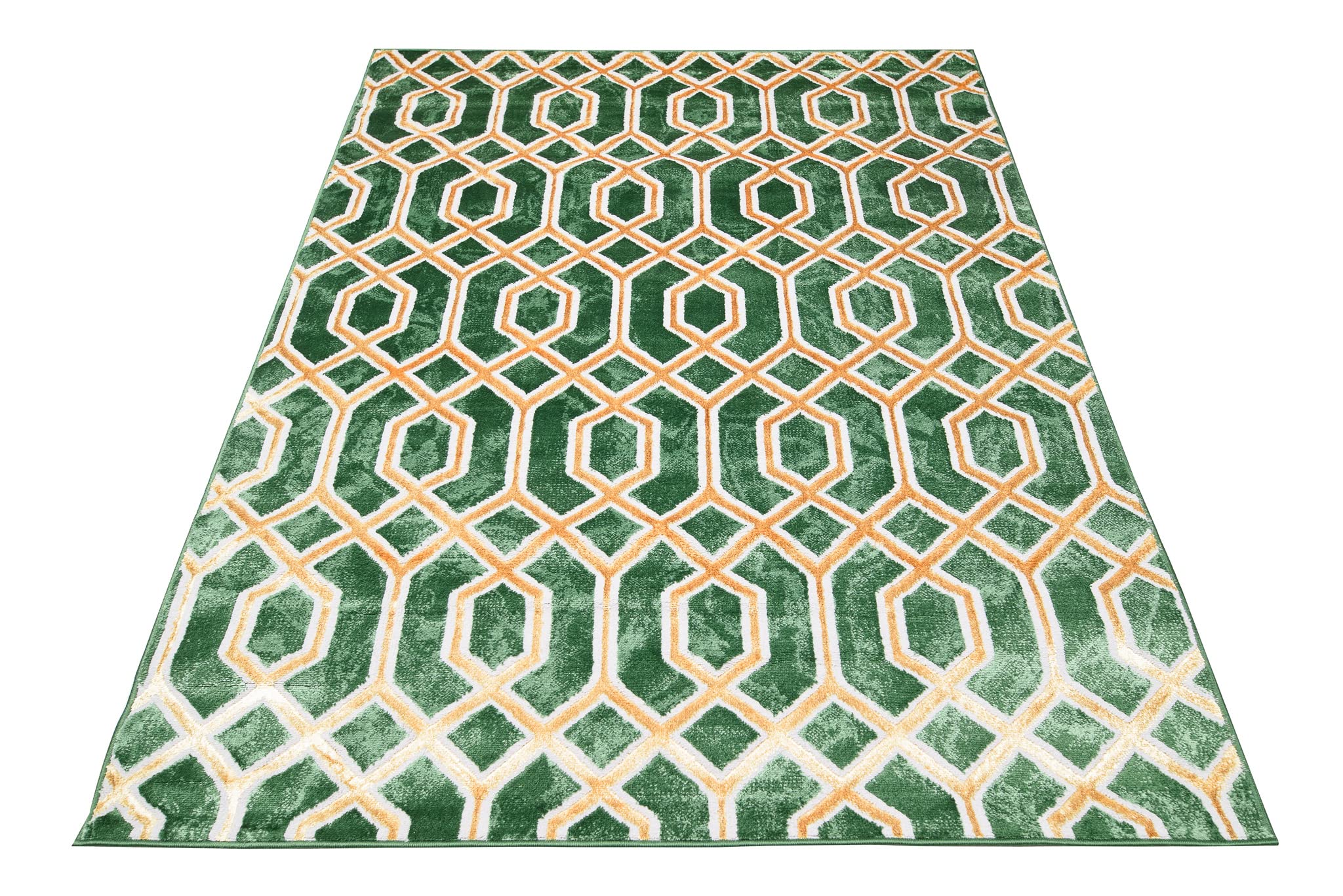 TAPISO Turmalin Tapis de Salon Chambre Salle à Manger Ado Bureau Entrée Design Moderne Vert Or Brillant Moucheté Hexagones Géométrique Intérieur Doux Poils Ras 80 x 150 cm