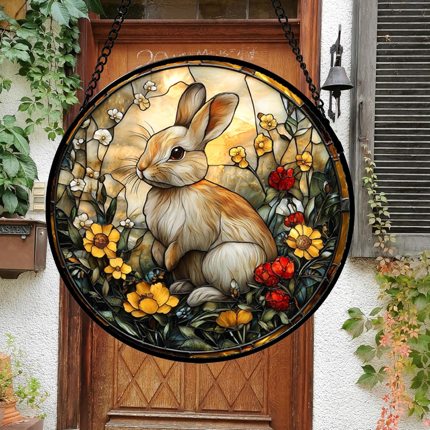 Stained Glass Window Hanging - Rabbit Flowers Suncatcher Ready to Hang Window Doors Home Decoration, Easter, Mother's Day Birthday Gifts for Women, Men, and Mom 14.9x14.9 in - Image 2