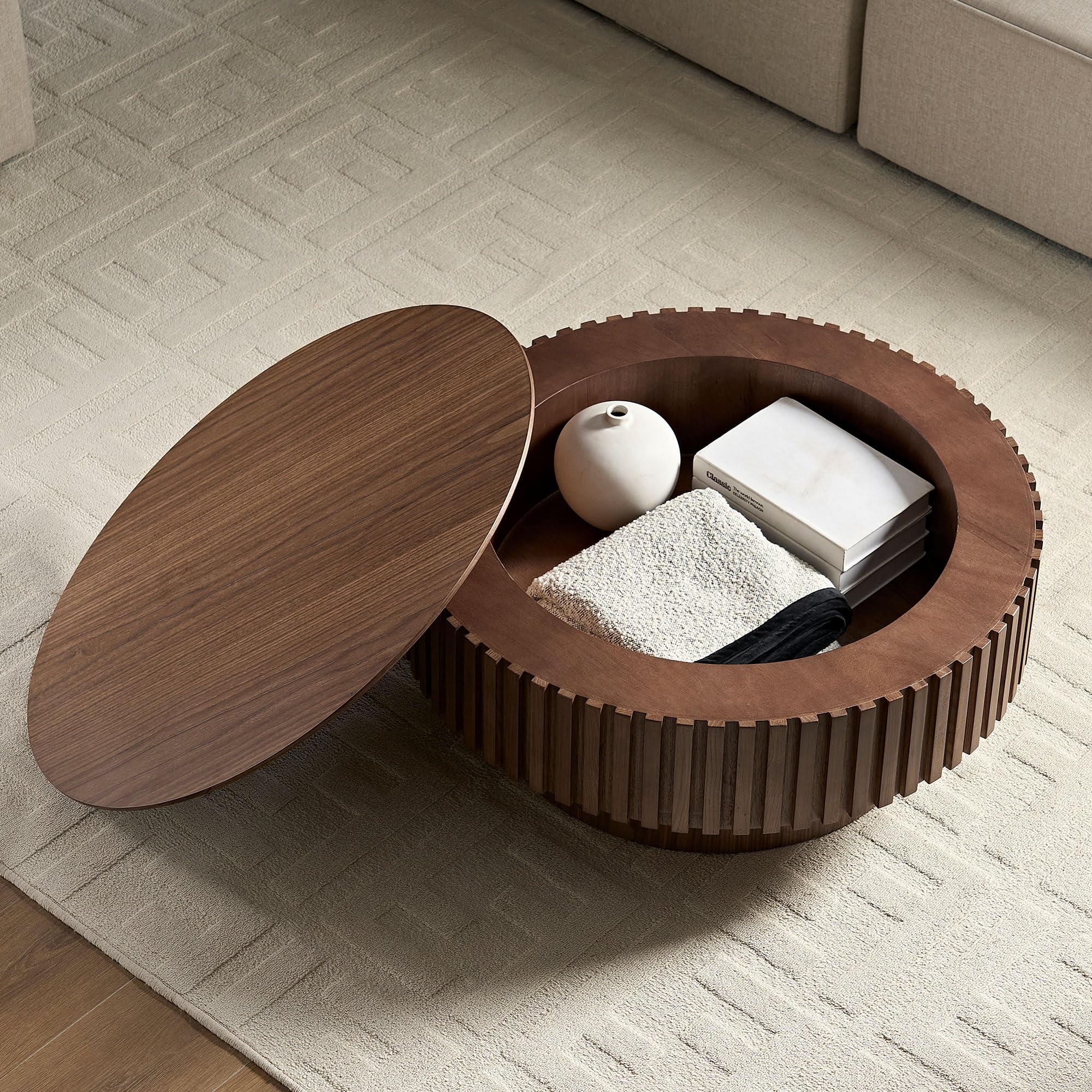 Round Coffee Table with Storage Modern Wooden Coffee Table with Solid Wood Veneered Circle Center Table Accent Tea