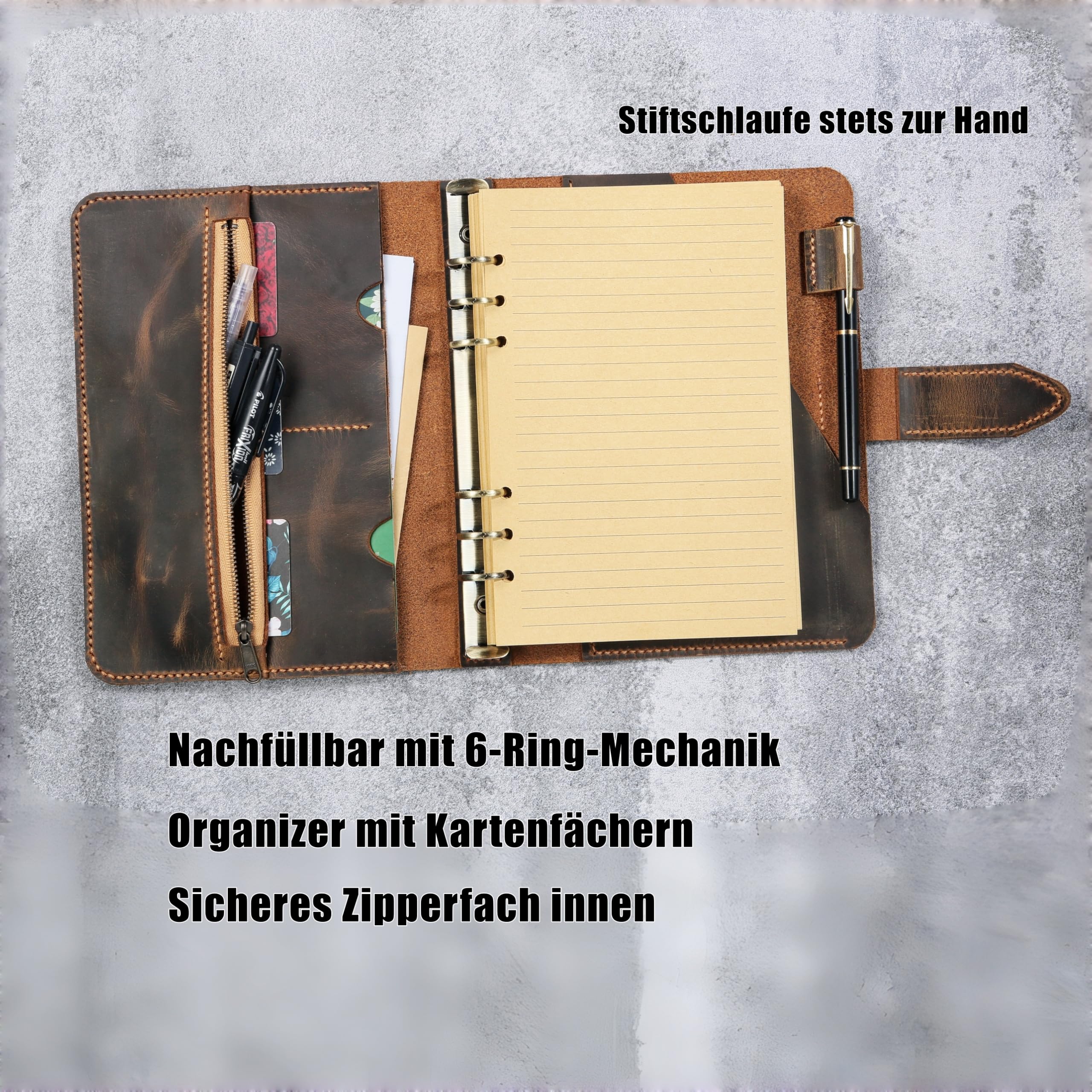 A5 Ringbuch-Notizbuch aus Vollnarben-Rindsleder, nachfüllbares Leder Tagebuch mit 6-Ring-Mechanik, YKK-Reißverschluss, Zusatzhüllen & Messing-Druckknopf, Retro Look Schreibmappe/Business Organizer