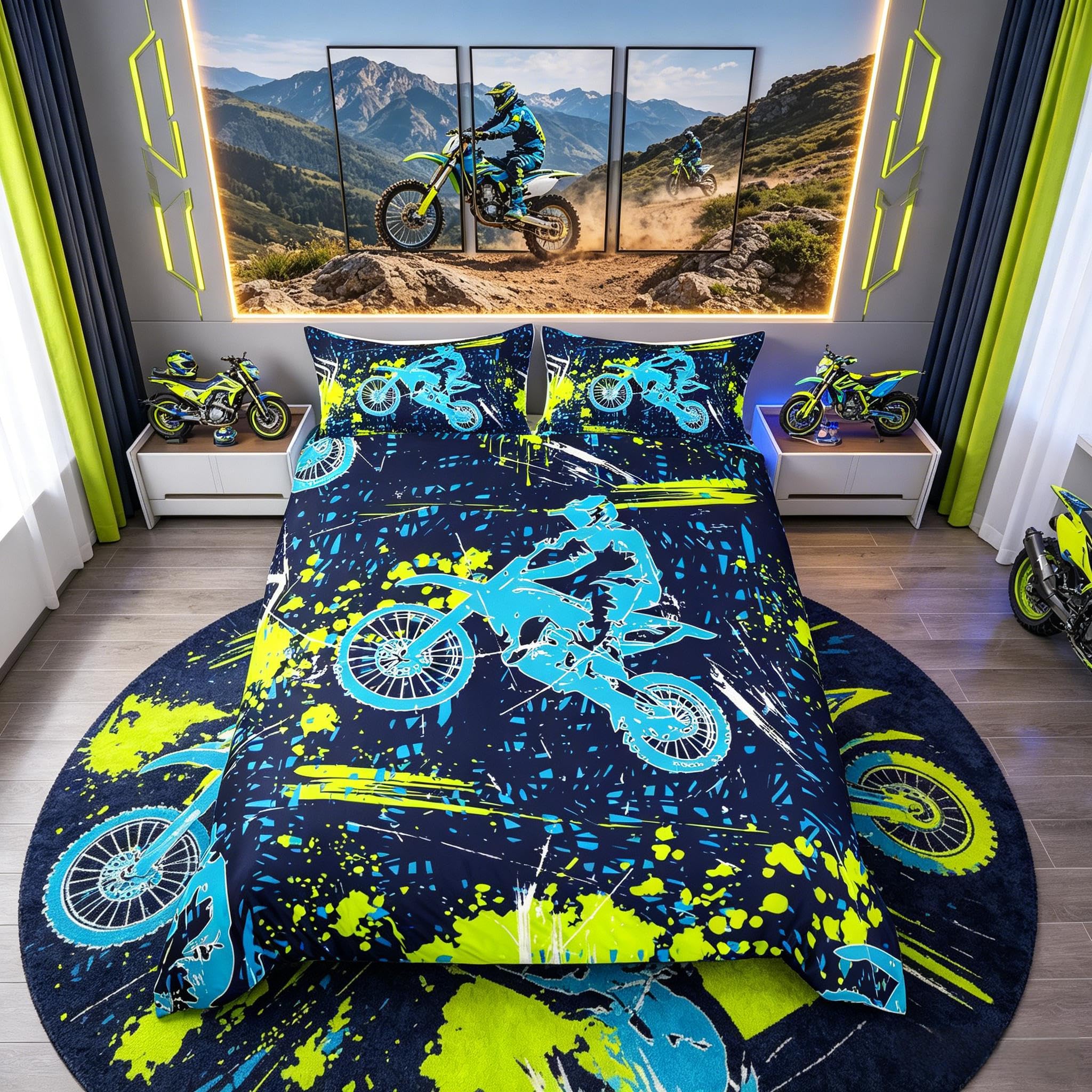 richhome Dirt Bike Kids Duvet Cover Extreme Sports Bed Cover for Boys Girls Racing Motocross Rider Bedding Set Urban Bedroom Decor 3Pcs Double — image 1