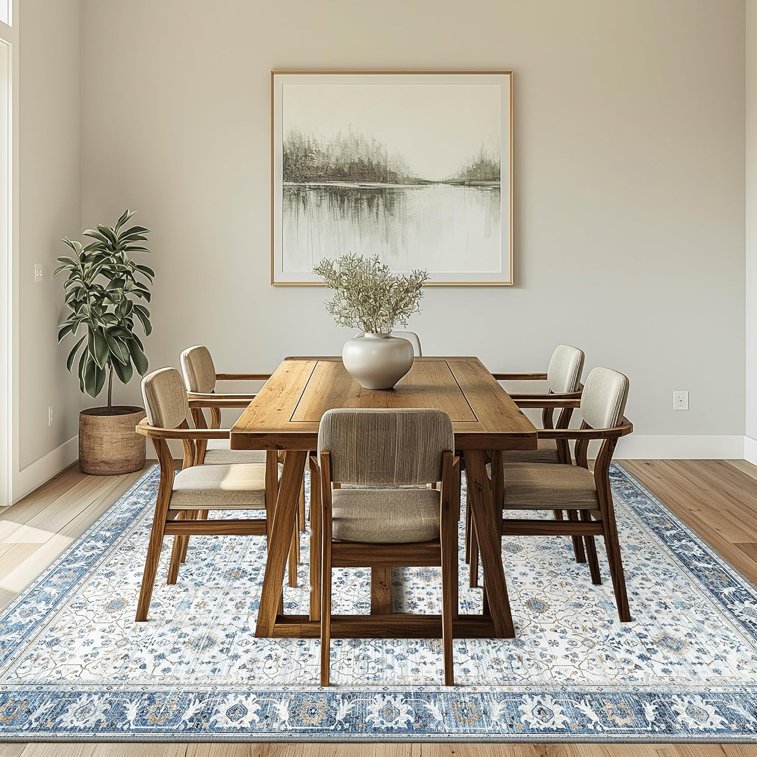 GENIMO Machine Washable 6x9 Area Rugs for Living Room, Non Slip Vintage Rugs, Low Pile Lightweight Chenille Print Rug for Bedroom, Dining Room, Home Office, Retro Light Blue - Image 3