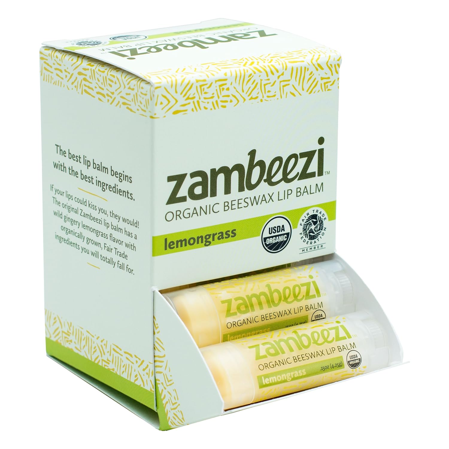 Case of Beeswax Lip Balm by ZAMBEEZI - Lemongrass 24-Tube Carton - Crafted with USDA Organic, Fair Trade, Lip Refreshing Ingredients from Zambia, Africa