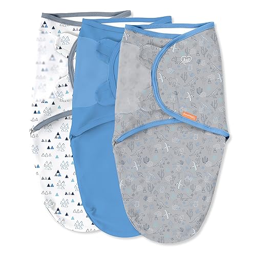 SwaddleMe by Ingenuity Original Swaddle, 100% algodón, mejora el sueño y calma el reflejo de sobresalto, 0-3 meses, paquete de 3 - Dino Time Dino