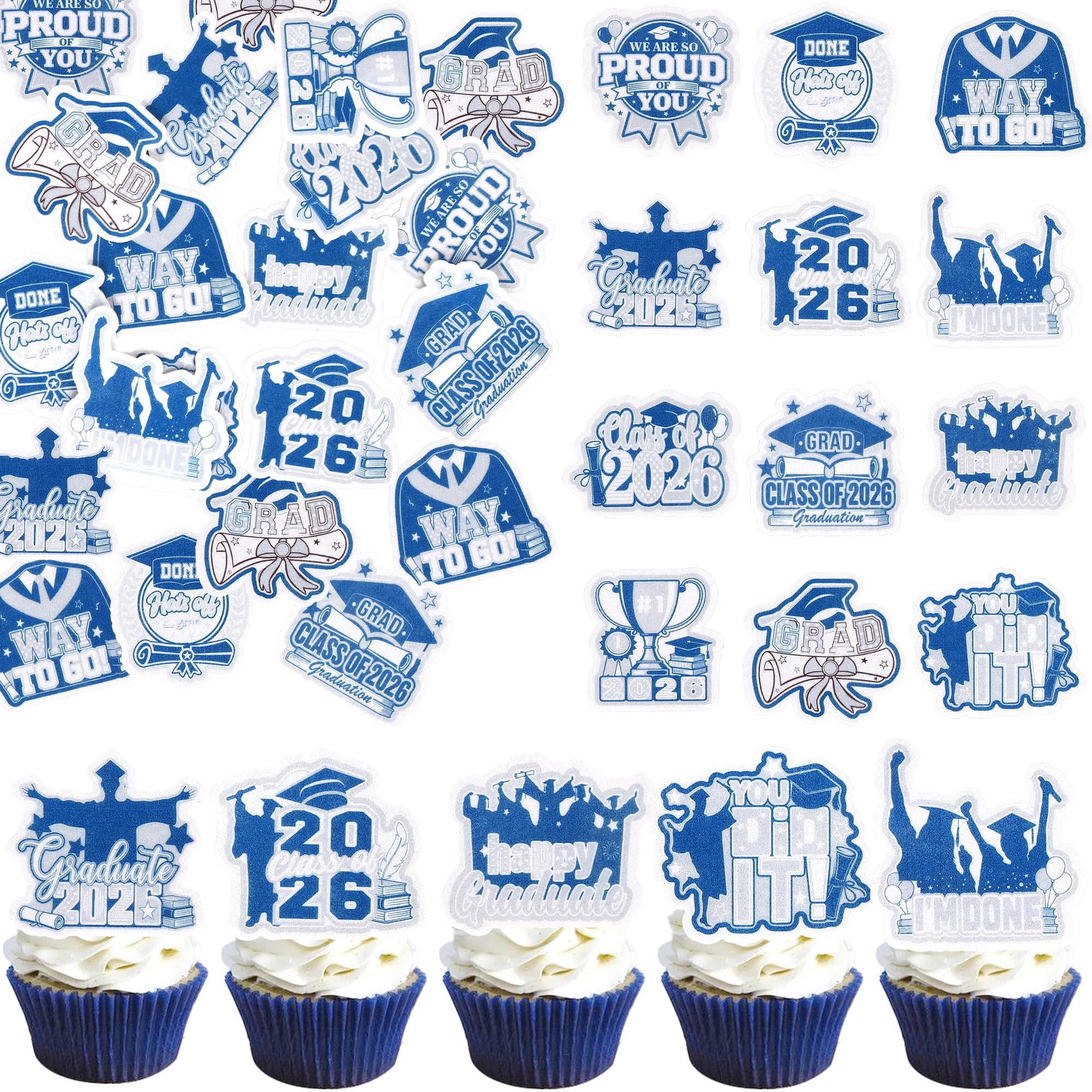SYKYCTCY 60 Pack Edible Class of 2026 Cupcake Toppers Wafer Paper 2026 Graduation Cupcake Picks So Proud of You Done Diploma Grad Cap Cake Decorations for 2026 Graduation Theme Party Supplies