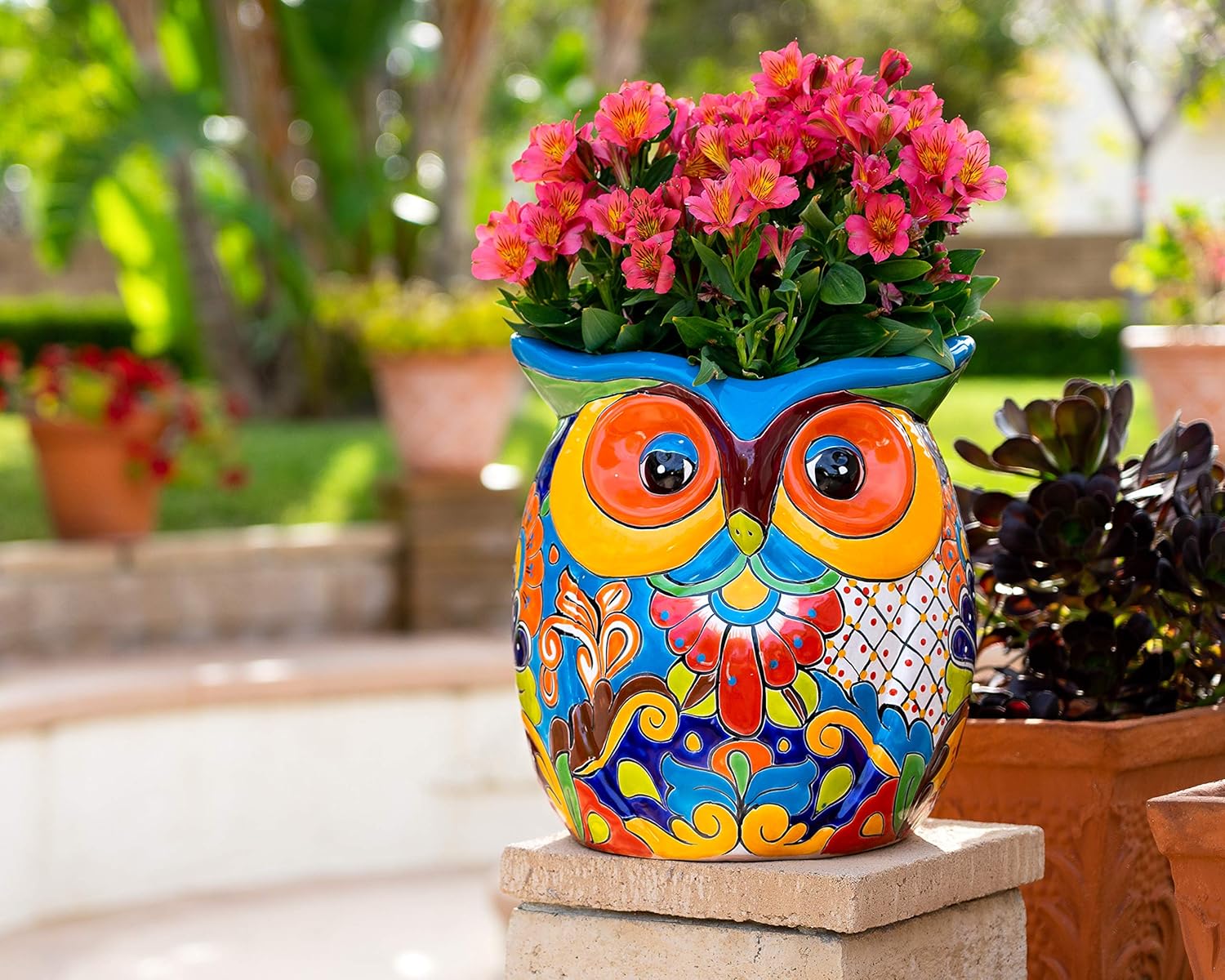 Enchanted Talavera Mexican Pottery Extra Large Owl Flower Pot Hand Painted Ceramic Plant Pot Planter Indoor Outdoor Porch Flower Vase Garden Statue Sculpture Outdoor Decor Animal Butterfly Frog