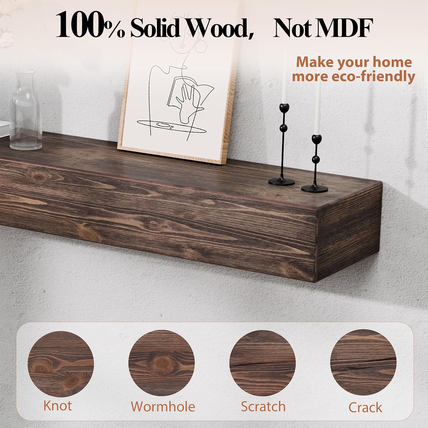 72 Inch Fireplace Mantel Shelf - 8" Deep Solid Wood Floating Mantel for Over Fireplace - 120LBS with Invisible Bracket - Handcrafted TV Decor for Livingroom & Bedroom - Charred Rustic Brown