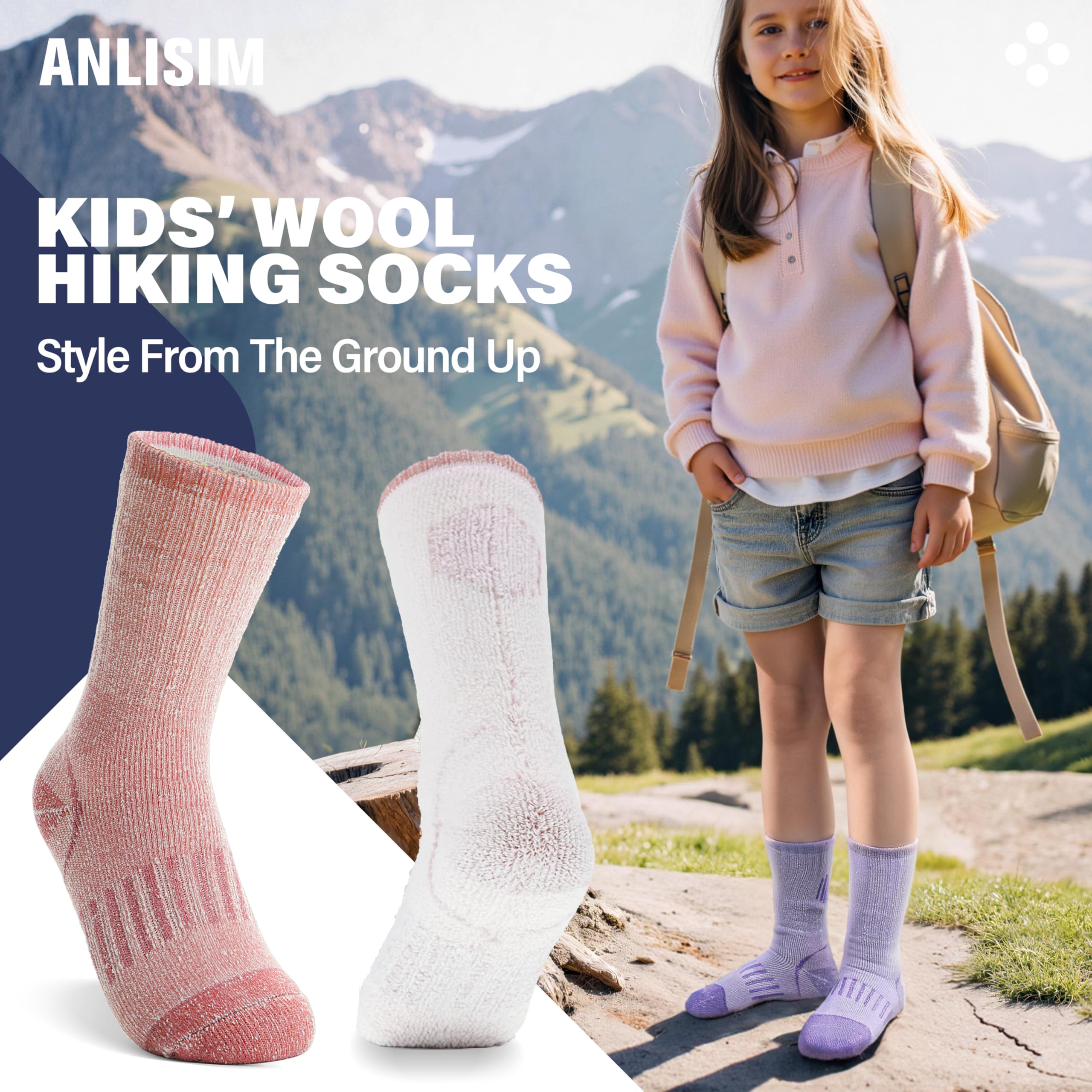 Merino Wandersocken für Kinder Mädchen Jungen Wolle Socken Dicke Thermosocken Warme Sportsocken Trekking Wintersocken Weihnachtssocken Geschenke Kindersocken 4 Paare(Lila/Rosa/Blau/Grau,4-7 Jahre)