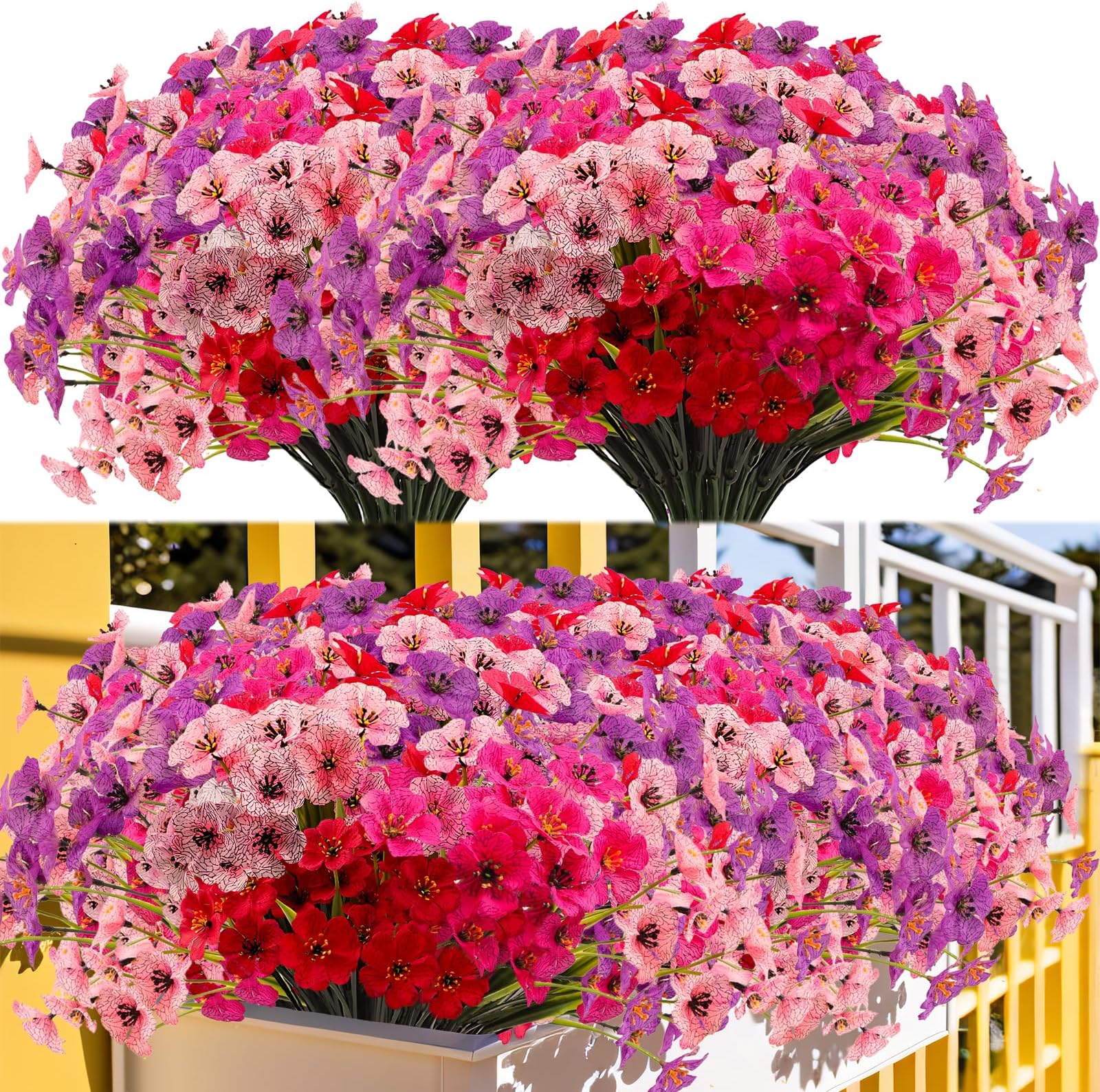 Kinisty 16 Bundles Artificial Flowers for Outdoor Garden (Red Pink Purple) | UV Resistant, No Fade. Spring Summer Decor for Outside Hanging Baskets, Window Box.