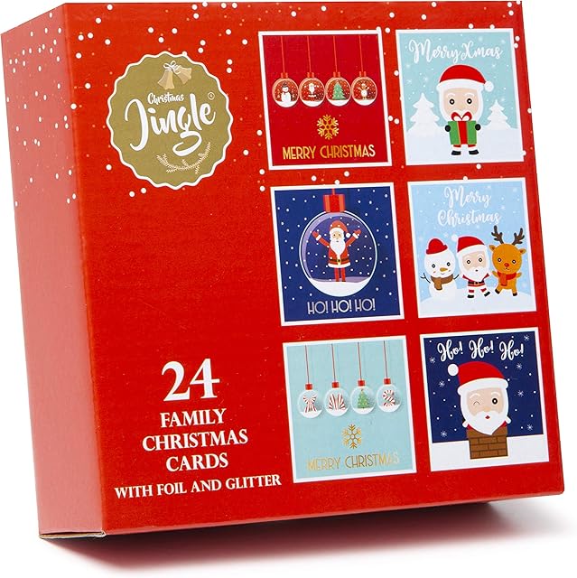 24 Family Christmas Cards - Contains 24 Christmas Cards with Foil and Glitter - 6 Different Christmas Designs 4 of Each - Christmas Cards Pack with Envelopes