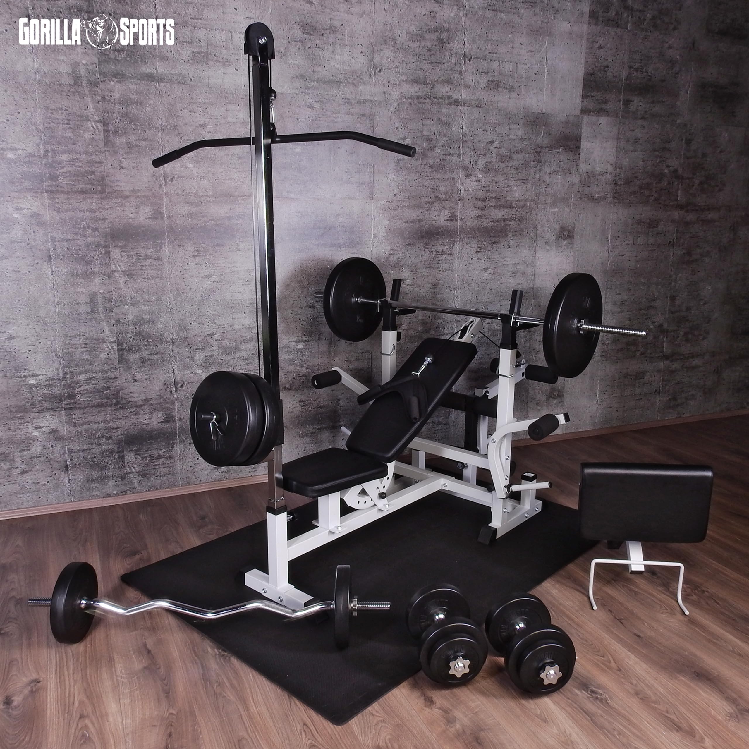 GORILLA SPORTS® Kraftstation mit Hantelbank und 100-kg-Hantelset | Mit verstellbarer Hantelablage, Latzugturm, Butterfly, Curlpult und Beincurler, bis 280 kg; Trainingsbank, Fitnessstation