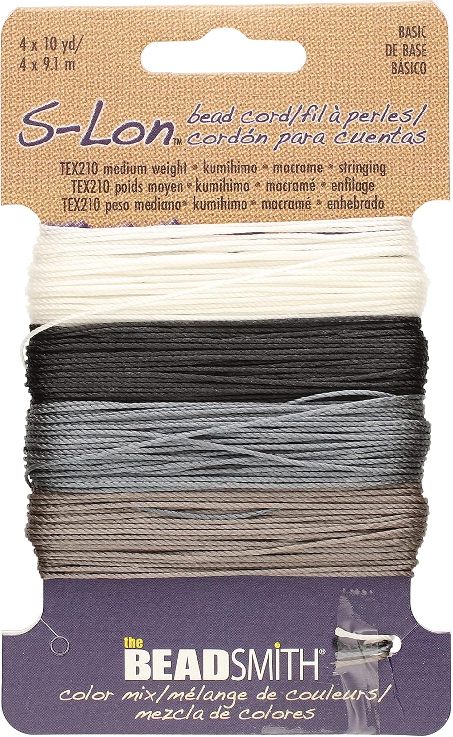 The Beadsmith SLon 18 Nylon Cord Basic Mix Tex210 Cord, .5mm Diameter, 10
