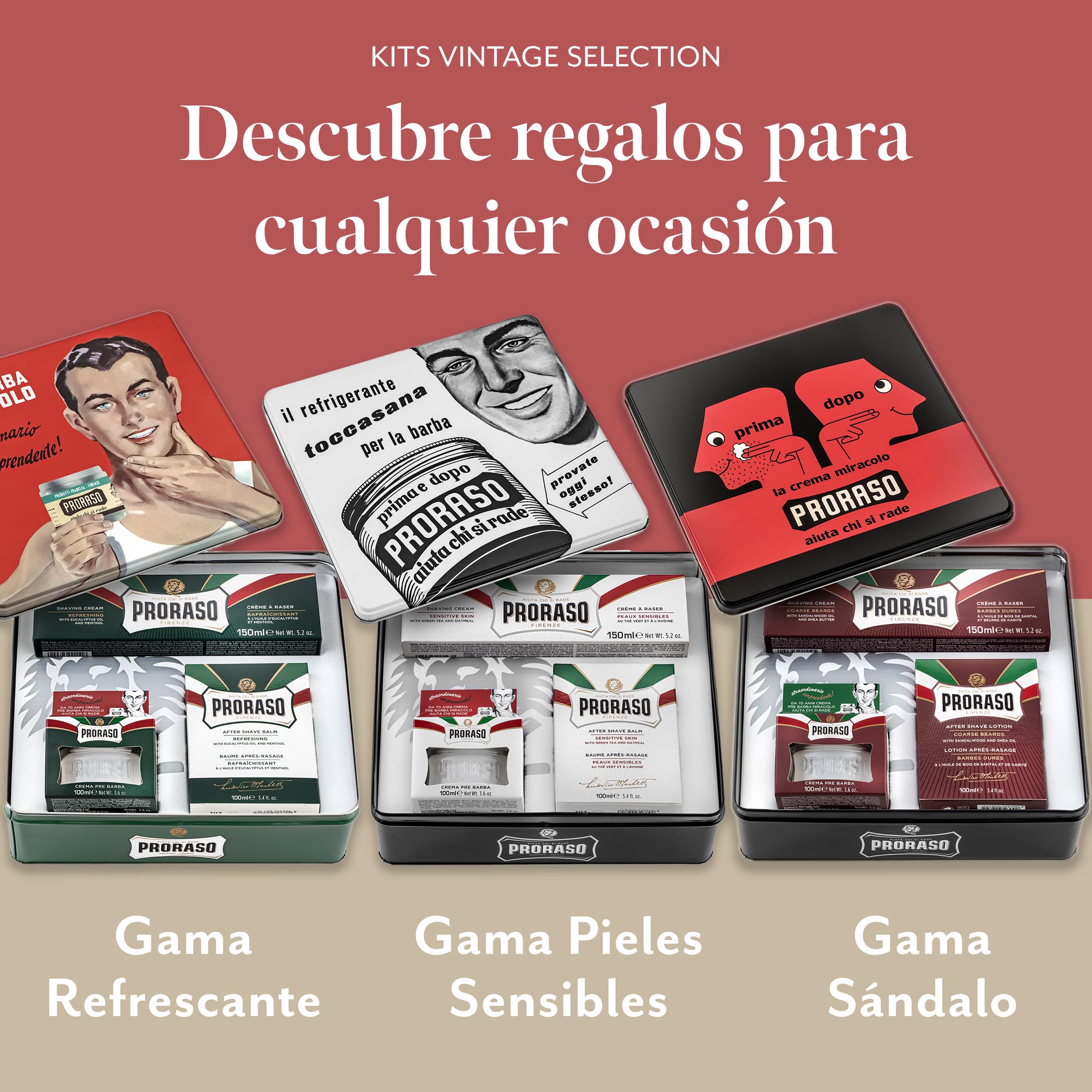 Proraso Vintage Selection Refrescante, Kit Afeitado en Lata, 3 uds | Con Eucalipto y Mentol, Crema Preafeitado + Jabón + Bálsamo, Sin Parabenos o Siliconas, Diseño Retro, Made in Italy