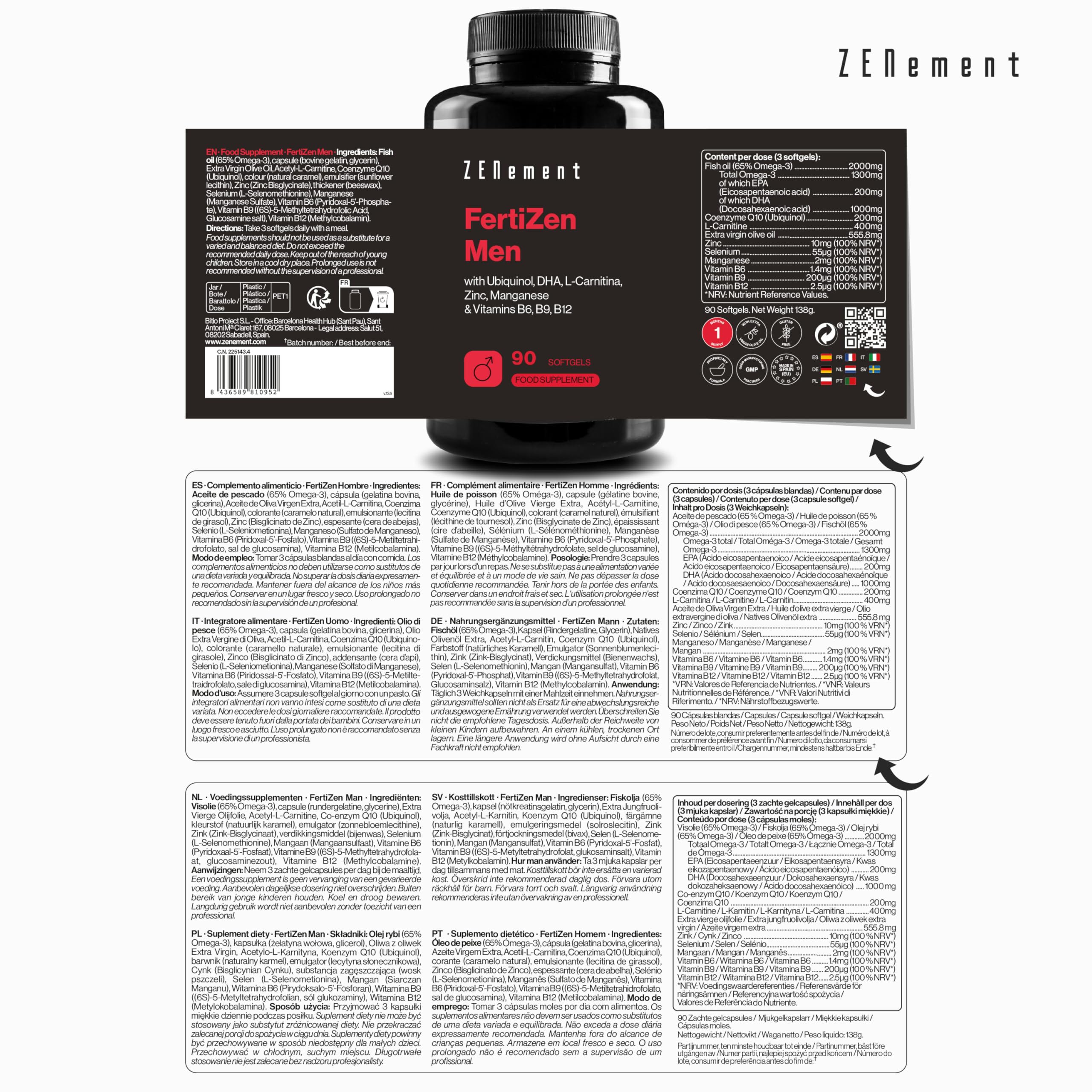 FertiZen Men - Formuła dla Płodności i Reprodukcji Mężczyzn - z Ubiquinolem, DHA, L-Karnityną, Cynkiem i Witaminami B6, B9 i B12-90 Miękkich Kapsułek - 1 Miesiąc Stosowania - Zenement